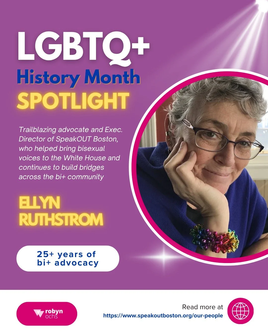 🌈 For my final LGBTQ+ History Month spotlight, I’m highlighting Ellyn Ruthstrom, a longtime advocate and leader in the bi+ community.
Ellyn has been the Executive Director of SpeakOUT Boston since 2014 and has been involved in activism for mo