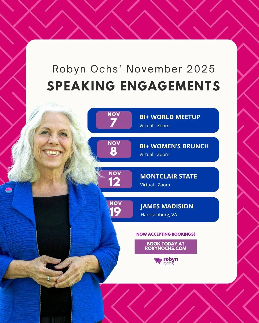 Happy November! I'm thrilled to share my speaking calendar for the month ahead. 💜

This month is full of opportunities to discuss bi+ visibility, challenging binaries, and building stronger connections. I have great virtual events coming up, and I'm