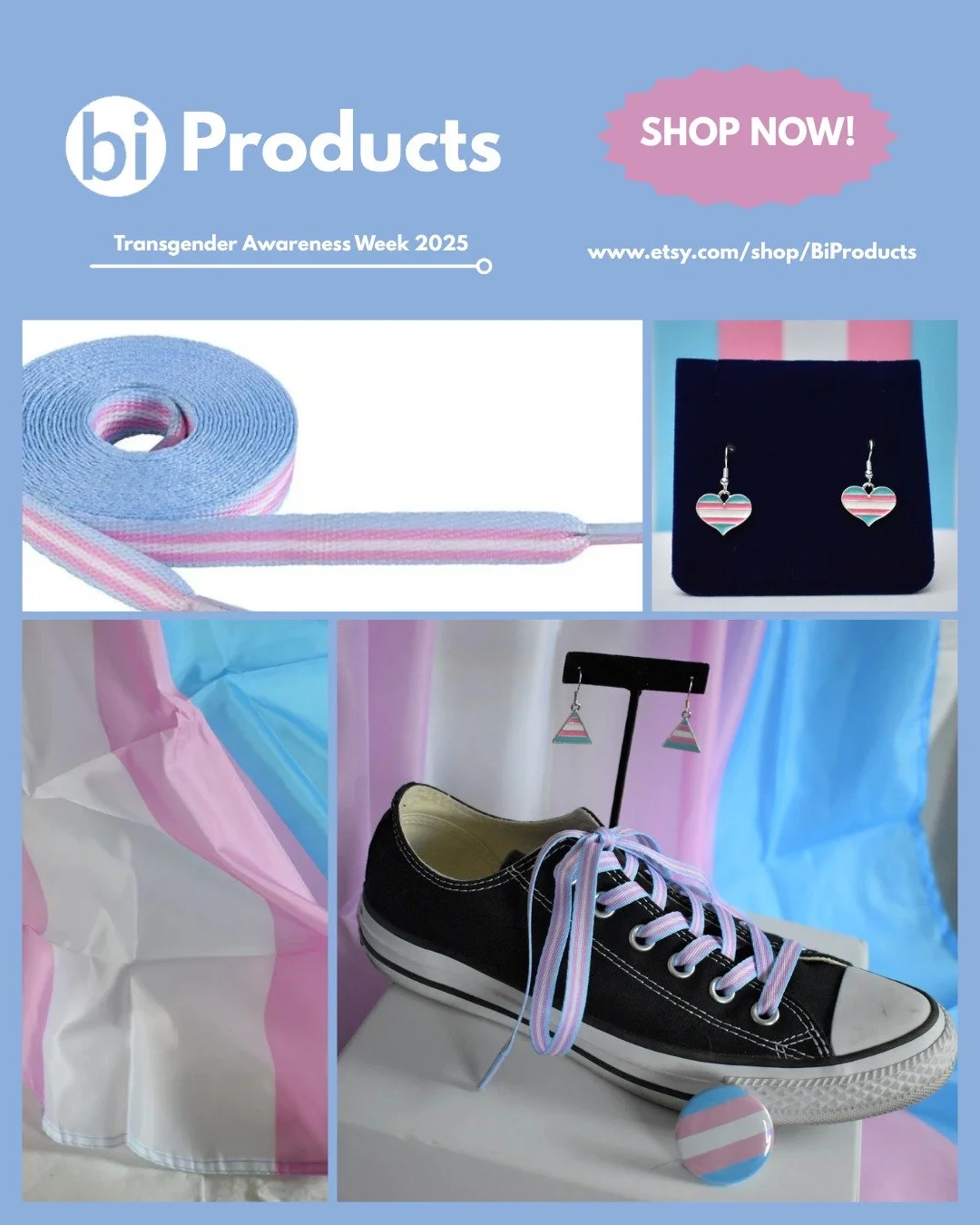 Get ready for Transgender Awareness Week! Show your support and pride with gear from BiProducts. From stunning earrings and vibrant shoelaces to flags and complete pride packs... we've got everything you need. Best of all, all profits go towards Bi W