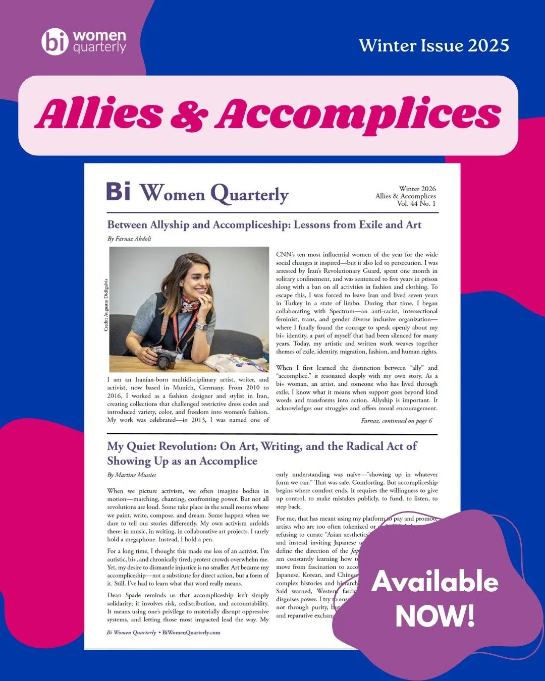 The Winter Issue of @biwomenquarterly has arrived! ❄️

This edition dives into allyship and accompliceship, highlighting the real actions people take to support each other and the bi+ community.

Read more: www.biwomenquarterly.com/