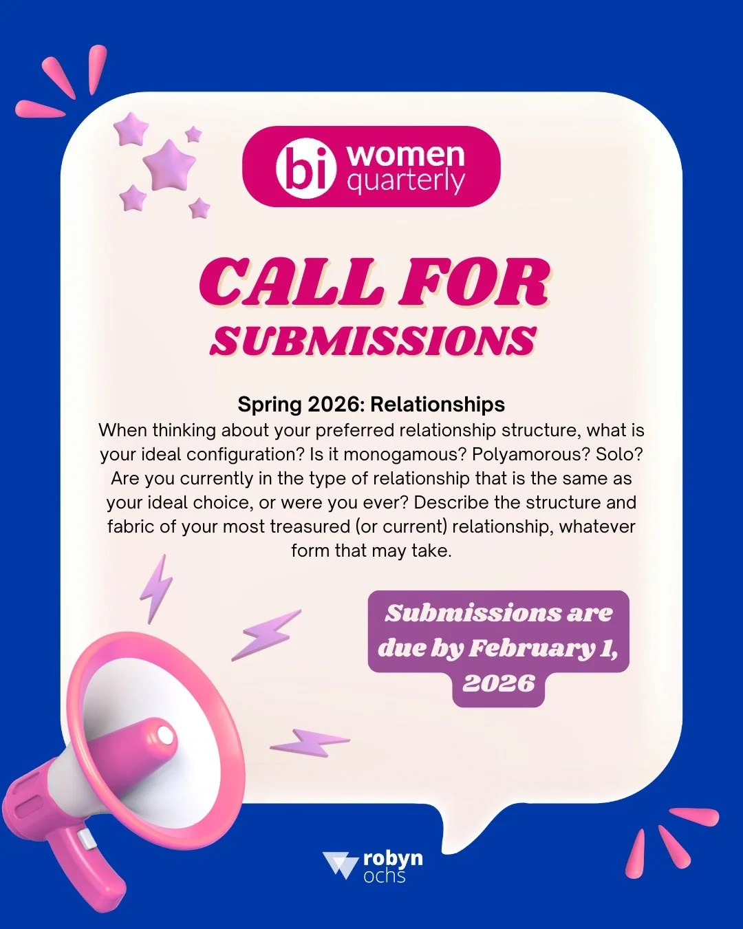 What do relationships look like for you? @biwomenquarterly invites submissions for our Spring 2026 issue, Relationships. We&rsquo;re looking for stories, reflections, and creative work exploring the structures and fabrics of our most meaningful conne