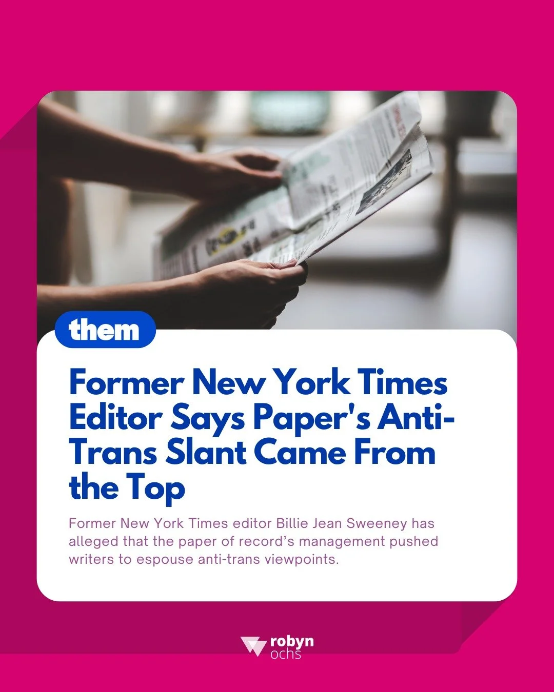When the "paper of record" treats trans+ rights as a political project, the cost is paid in real lives. 

Former editor Billie Jean Sweeney&rsquo;s account reveals how the NYT allegedly pushed an anti-trans slant. This isn&rsquo;t neutral j