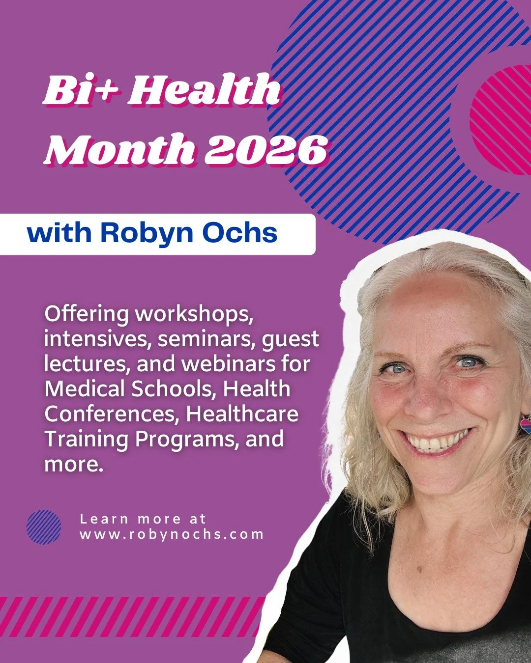 March is Bi+ Health Month, and with just under two months to go, now is the time to get your event on the calendar!

I am currently booking speaking engagements for my Bi+ Health Program, including my featured sessions "Meeting the Health Needs 