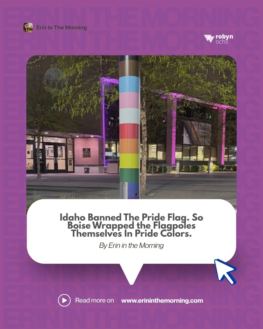 In Boise, Idaho, a new state law banned displaying the Pride flag outside City Hall. So the city wrapped the flagpole in the pride colors. 

I love this story, which I found at Erin in the Morning -- the best source of trans-related news. 

https://w