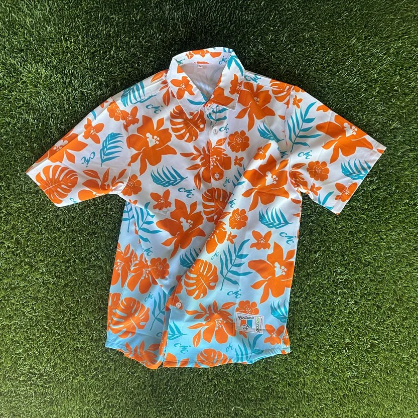  this fully custom Hawaiian shirt was designed from scratch and produced by us at Gojos's in Fort Collins for the Ciclismo bicycle racing team