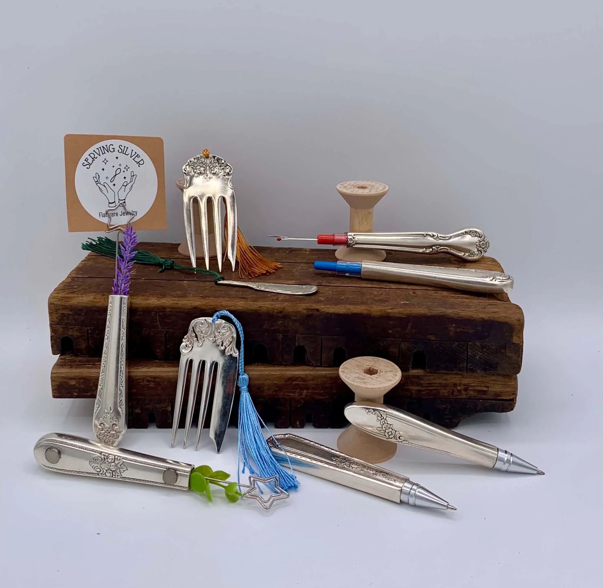 Serving Silver:
Pens, magnetic vases & seam rippers from hollowed out handles & bookmarks for serving forks.
