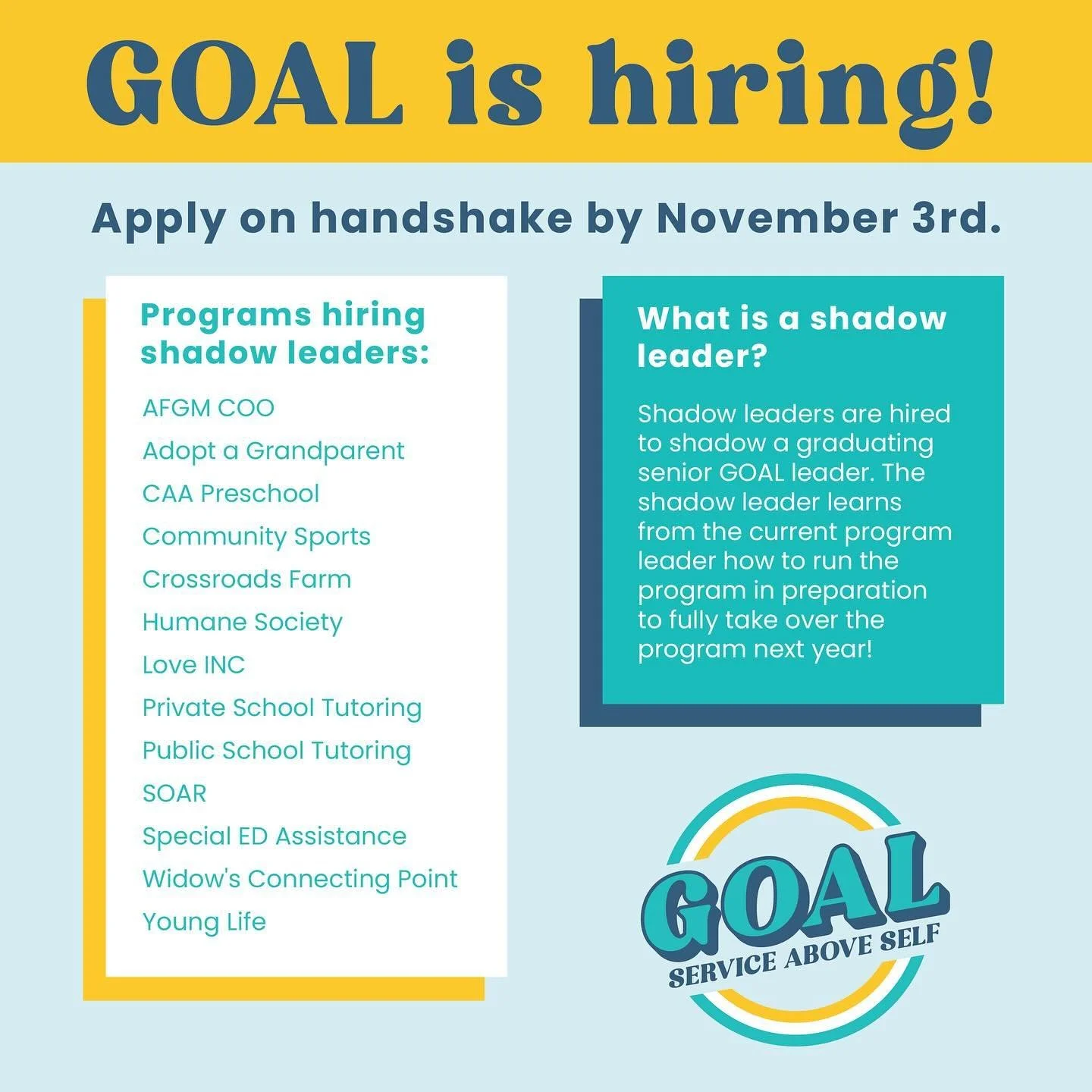‼️WE ARE HIRING‼️Apply now on Handshake!🤝 Applications close on November 3rd.