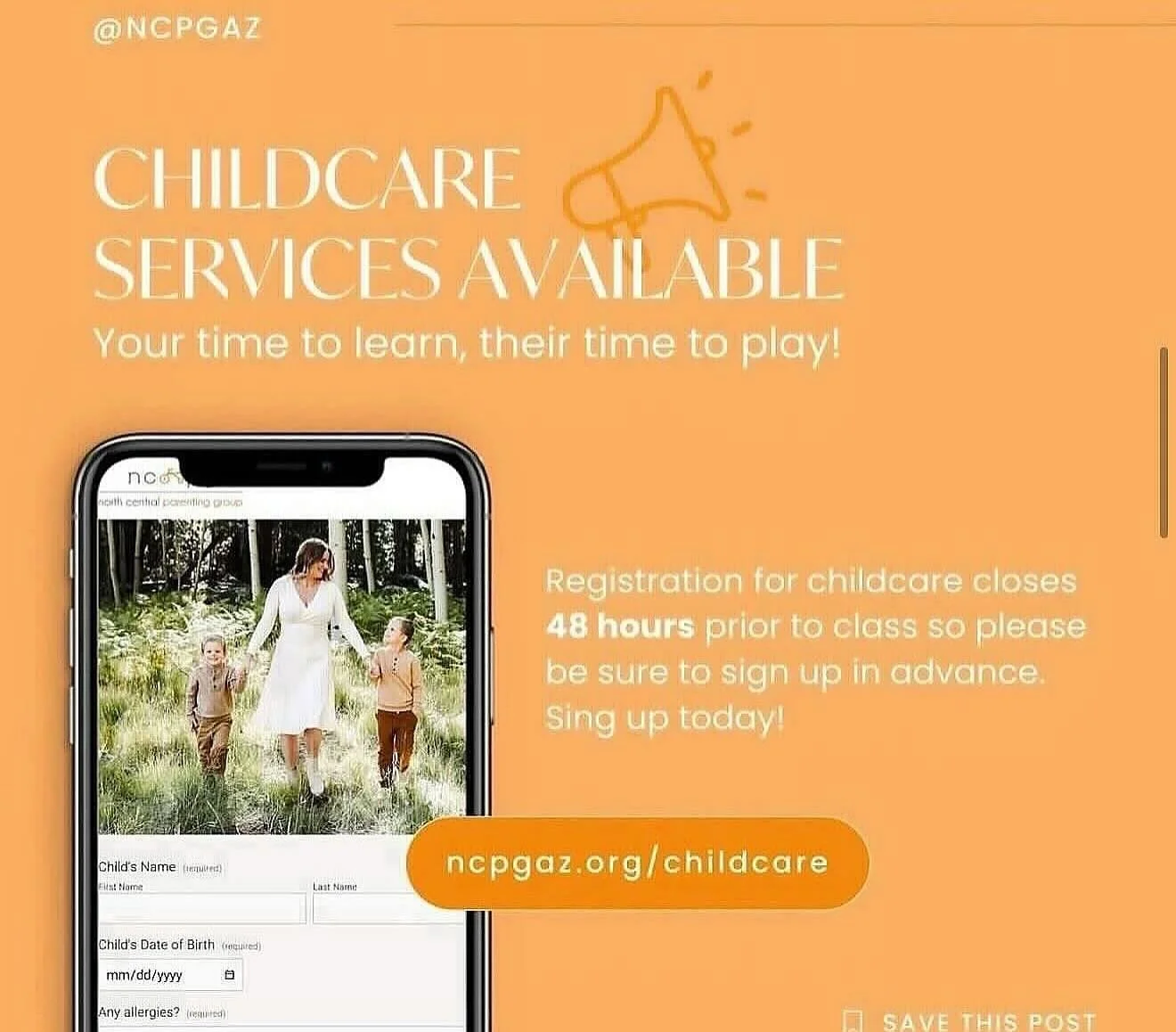 If you&rsquo;d like to schedule childcare for our upcoming  first class 🥳 this Wednesday, Sept 24th, from 8:45 a.m. &ndash; 11:45 a.m.

Learn more and please fill out the form here: ncpgaz.org/childcare.

Our childcare co-chairs will confirm your sp