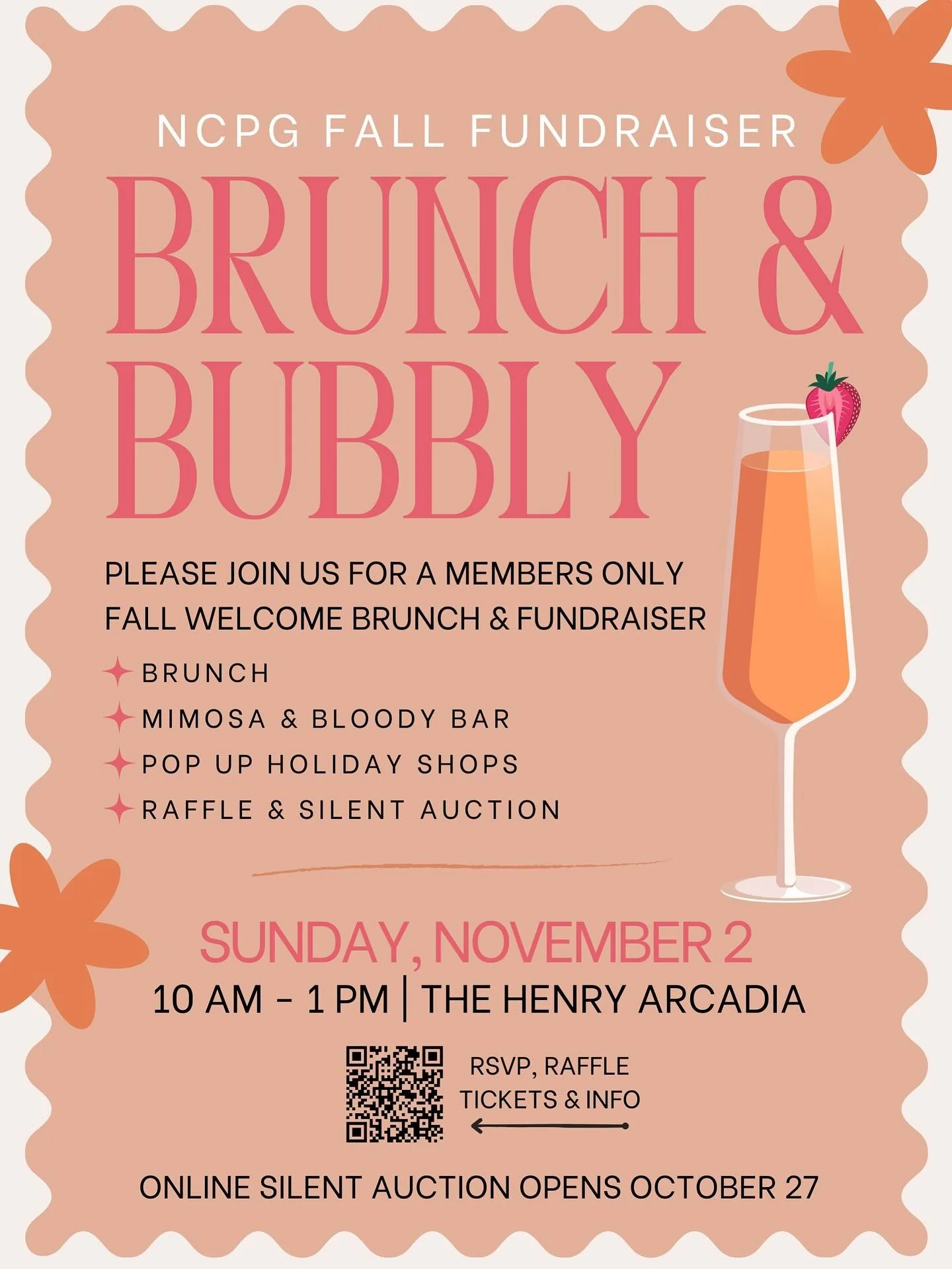Brunch &amp; Bubbly tickets are here! This is the event you&rsquo;ve been waiting for!!

We&rsquo;re looking forward to our Members Only Brunch and Annual Fundraiser on Sunday, November 2nd at The Henry Arcadia from 10am - 1pm!

Join us again as we c