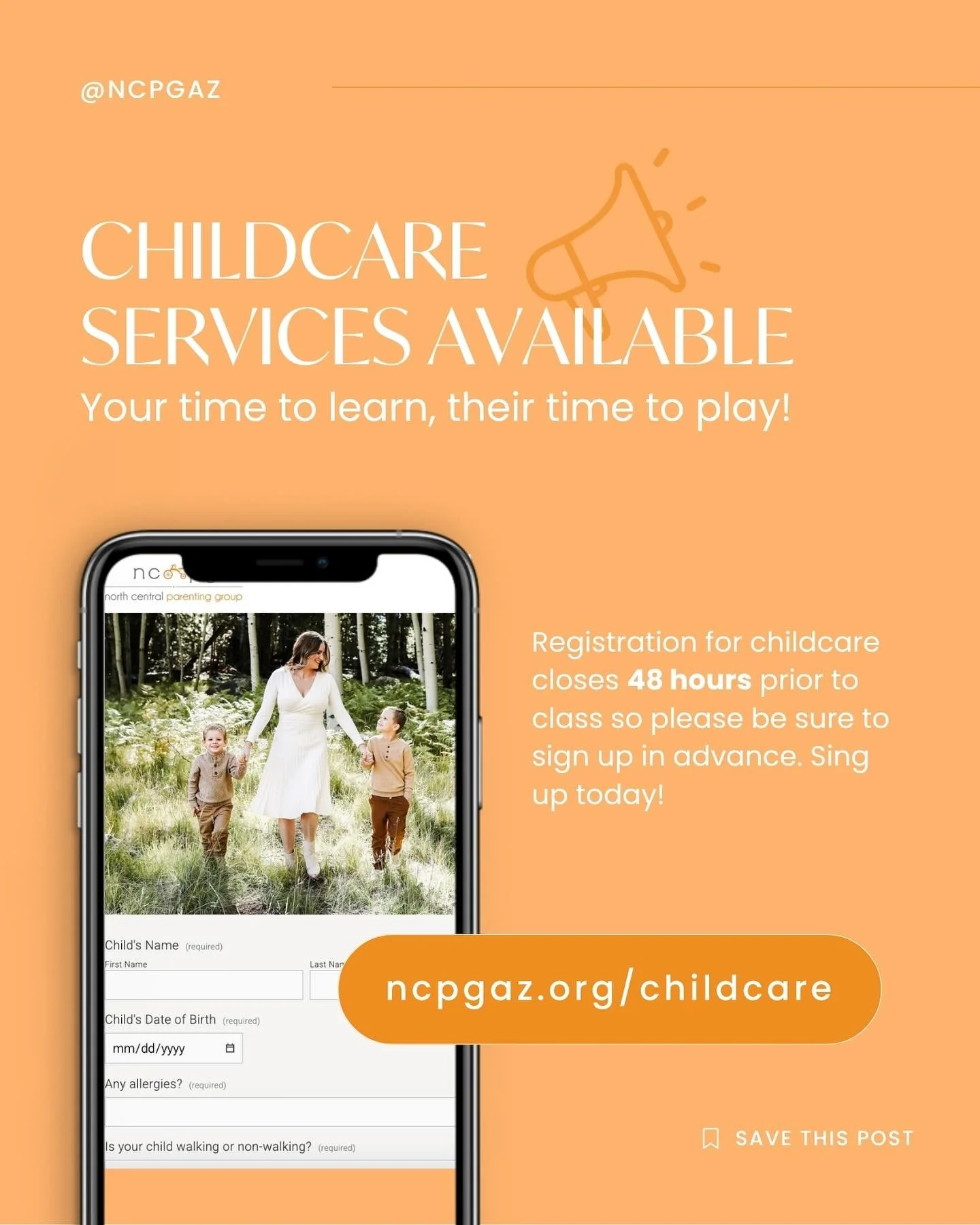 If you&rsquo;d like to schedule childcare for our upcoming  first class 🥳 this Wednesday, October 8th, from 8:45 a.m. &ndash; 11:45 a.m.

Learn more and please fill out the form here: ncpgaz.org/childcare.

Our childcare co-chairs will confirm your 