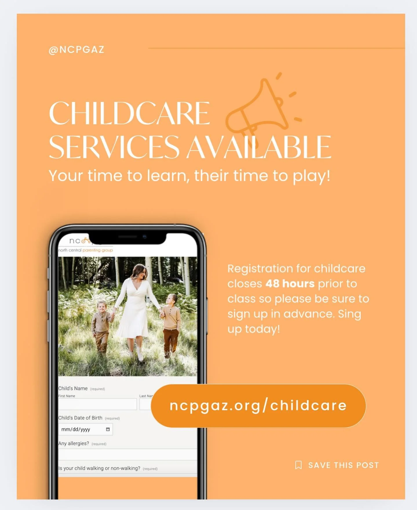 If you&rsquo;d like to schedule childcare for our upcoming  first class 🥳 this Wednesday, October 22nd, from 8:45 a.m. &ndash; 11:45 a.m.

Learn more and please fill out the form here: ncpgaz.org/childcare.

Our childcare co-chairs will confirm your
