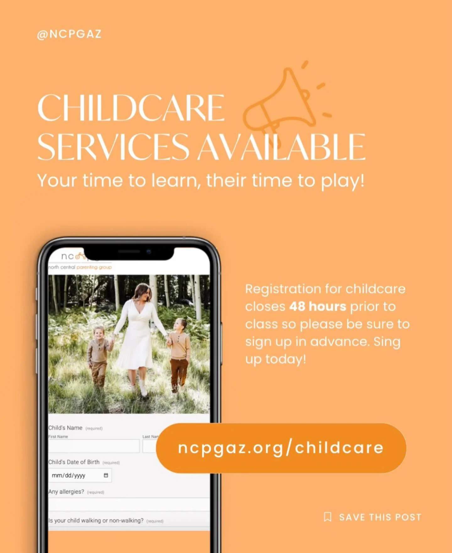 If you&rsquo;d like to schedule childcare for our upcoming  class 🥳 this Wednesday, November 5th, from 8:45 a.m. &ndash; 11:45 a.m.

Learn more and please fill out the form here: ncpgaz.org/childcare.

Our childcare co-chairs will confirm your spot 
