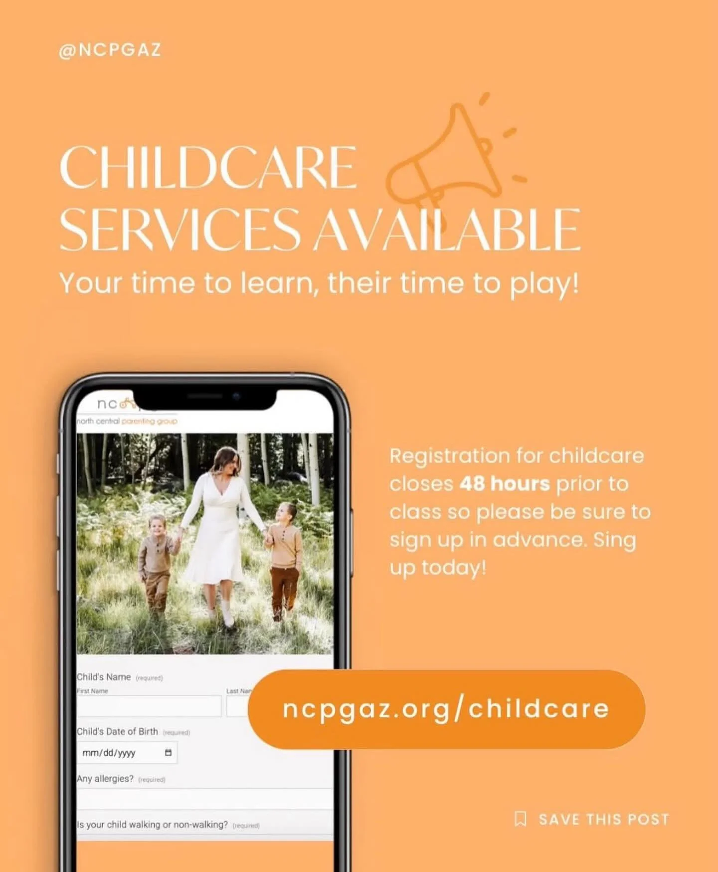 If you&rsquo;d like to schedule childcare for our upcoming  class 🥳 this Wednesday, November 19th, from 8:45 a.m. &ndash; 11:45 a.m.

Learn more and please fill out the form here: ncpgaz.org/childcare.

Our childcare co-chairs will confirm your spot
