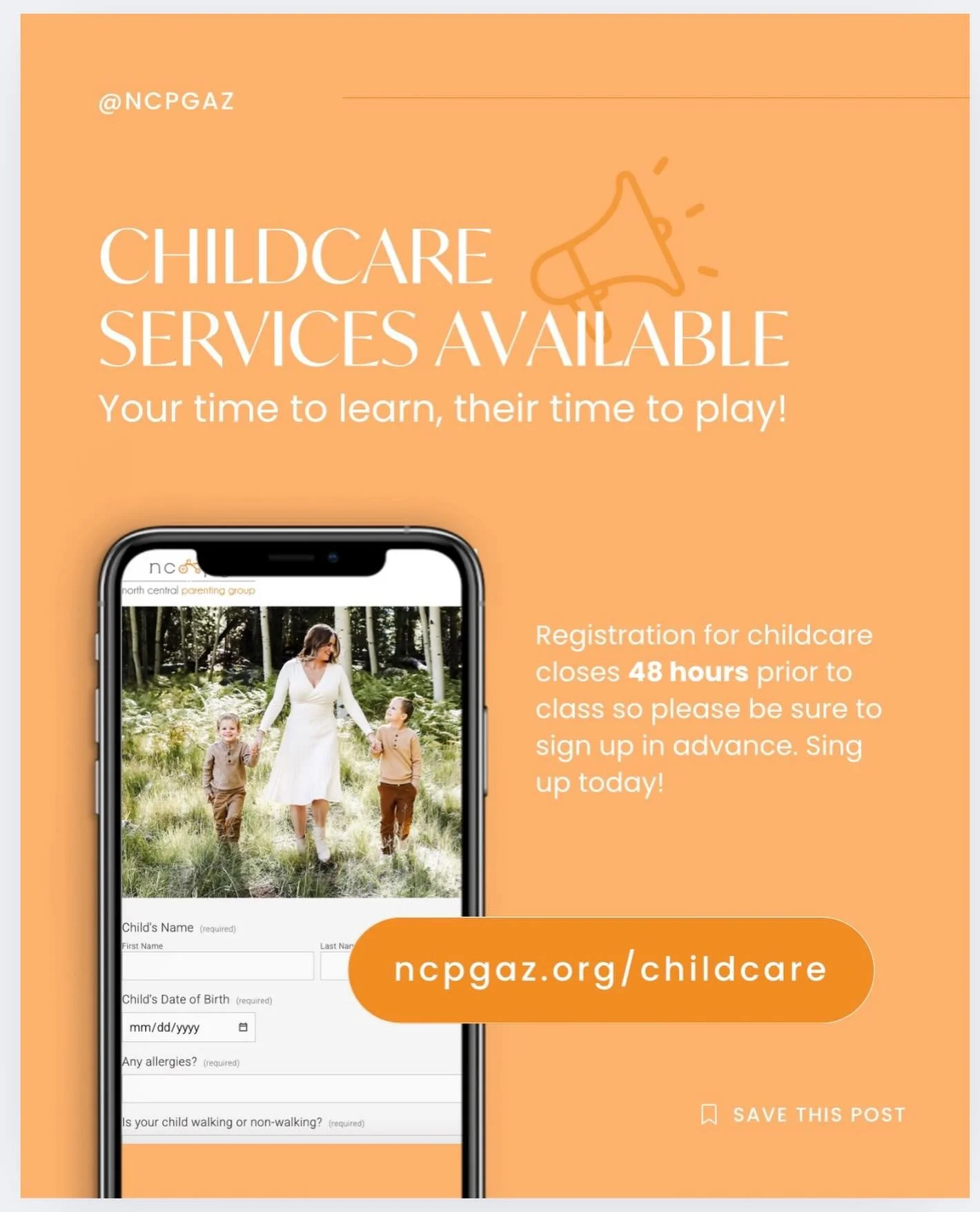 If you&rsquo;d like to schedule childcare for our upcoming  class 🥳 this Wednesday, December 3rd, from 8:45 a.m. &ndash; 11:45 a.m.

Learn more and please fill out the form here: ncpgaz.org/childcare.

Our childcare co-chairs will confirm your spot 