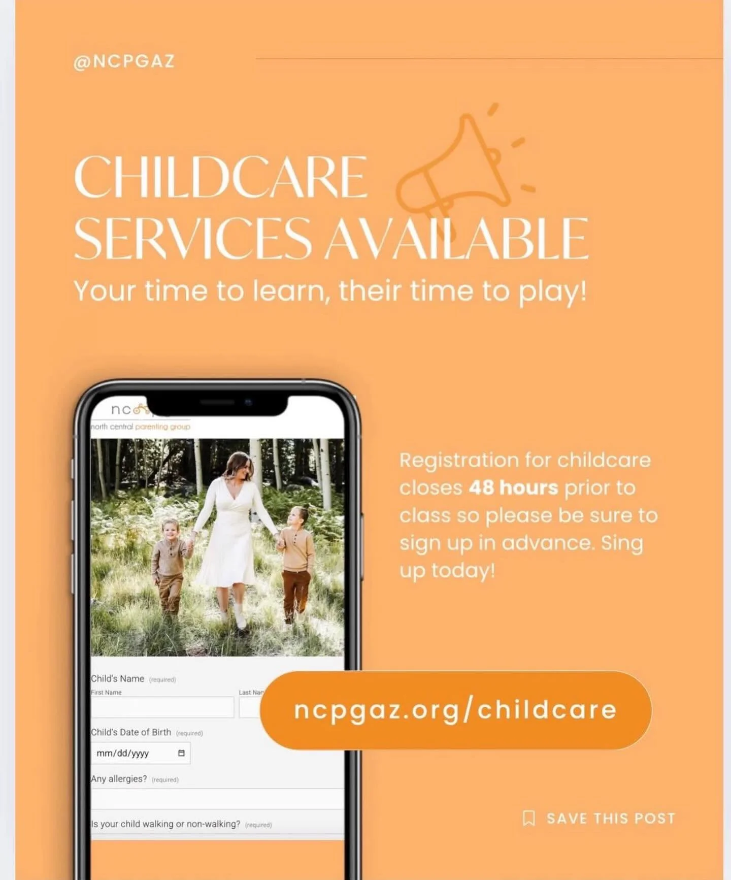 f you&rsquo;d like to schedule childcare for our upcoming  class 🥳 this Wednesday, January 14th, from 8:45 a.m. &ndash; 11:45 a.m.

Learn more and please fill out the form here: ncpgaz.org/childcare.

Our childcare co-chairs will confirm your spot p