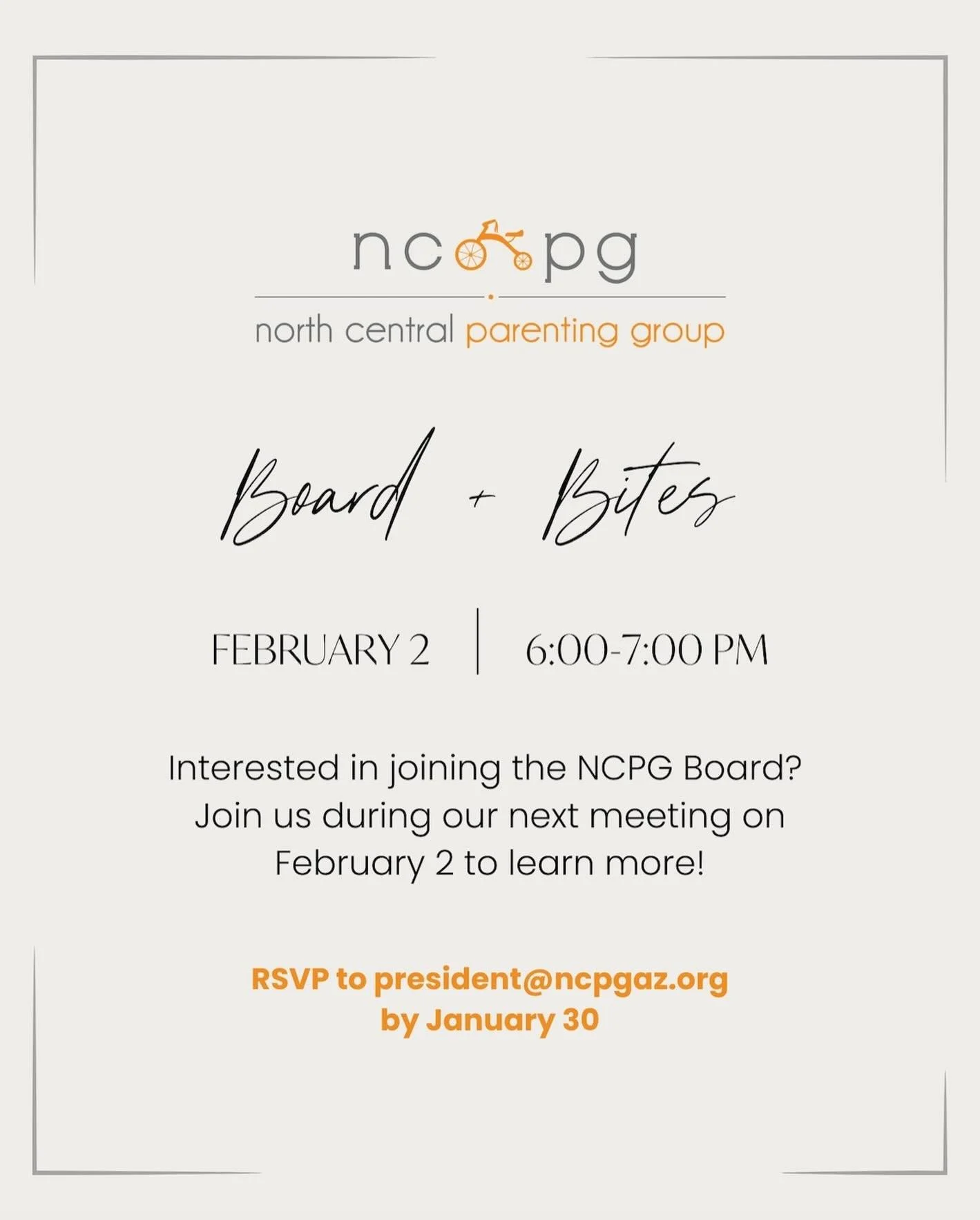 Are you a current member interested in joining the NCPG Board of Directors?

Join us for Board &amp; Bites on Monday, February 2, 2026. Enjoy dinner starting at 6:00pm, followed by a brief, information session from 6:30&ndash;7:00pm to learn more abo