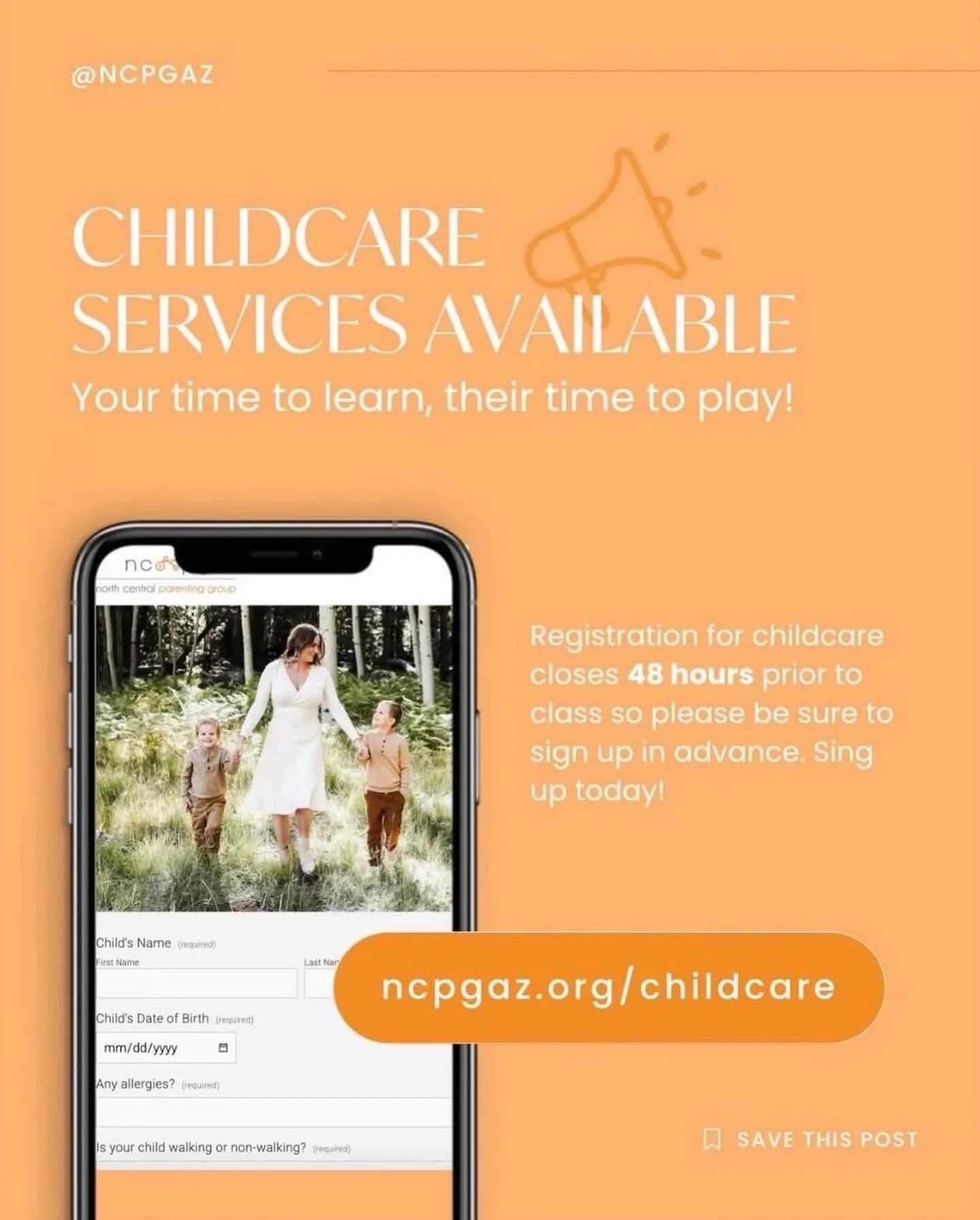 If you&rsquo;d like to schedule childcare for our upcoming  class 🥳 this Wednesday, January 28th, from 8:45 a.m. &ndash; 11:45 a.m.

Learn more and please fill out the form here: ncpgaz.org/childcare.

Our childcare co-chairs will confirm your spot 