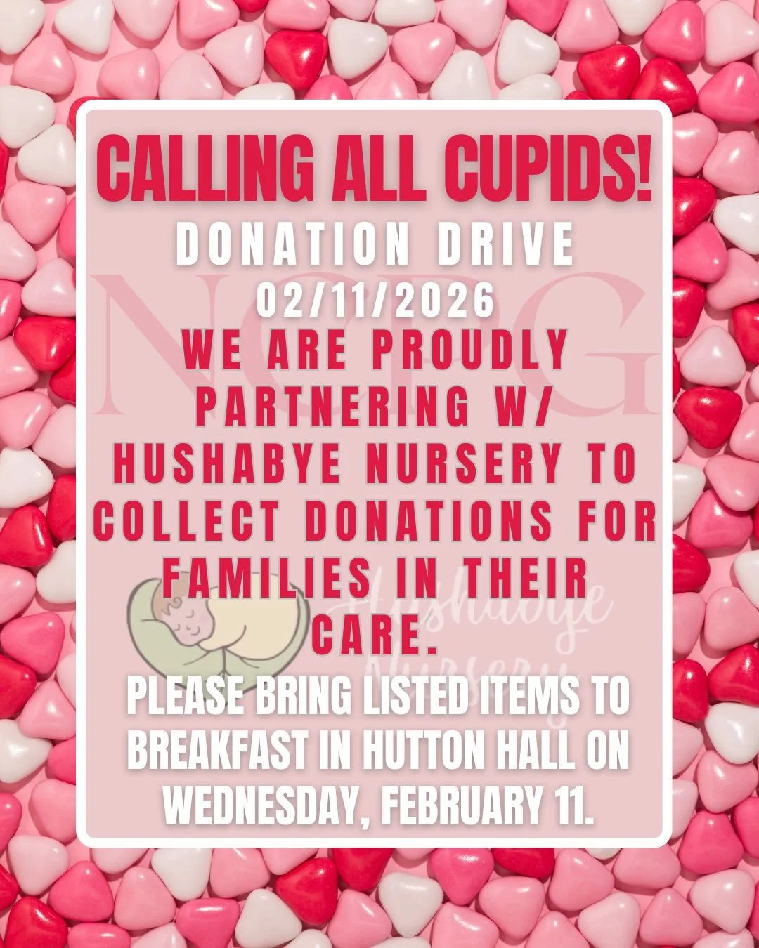 💕 Let&rsquo;s show LOVE this Valentine&rsquo;s Season! 💕 

NCPG is PROUDLY partnering with Hushabye Nursery to collect donations for families in their care. 💗 

Please bring these items to breakfast in Hutton Hall, Wednesday, 02/11/2026

🩷DONATIO