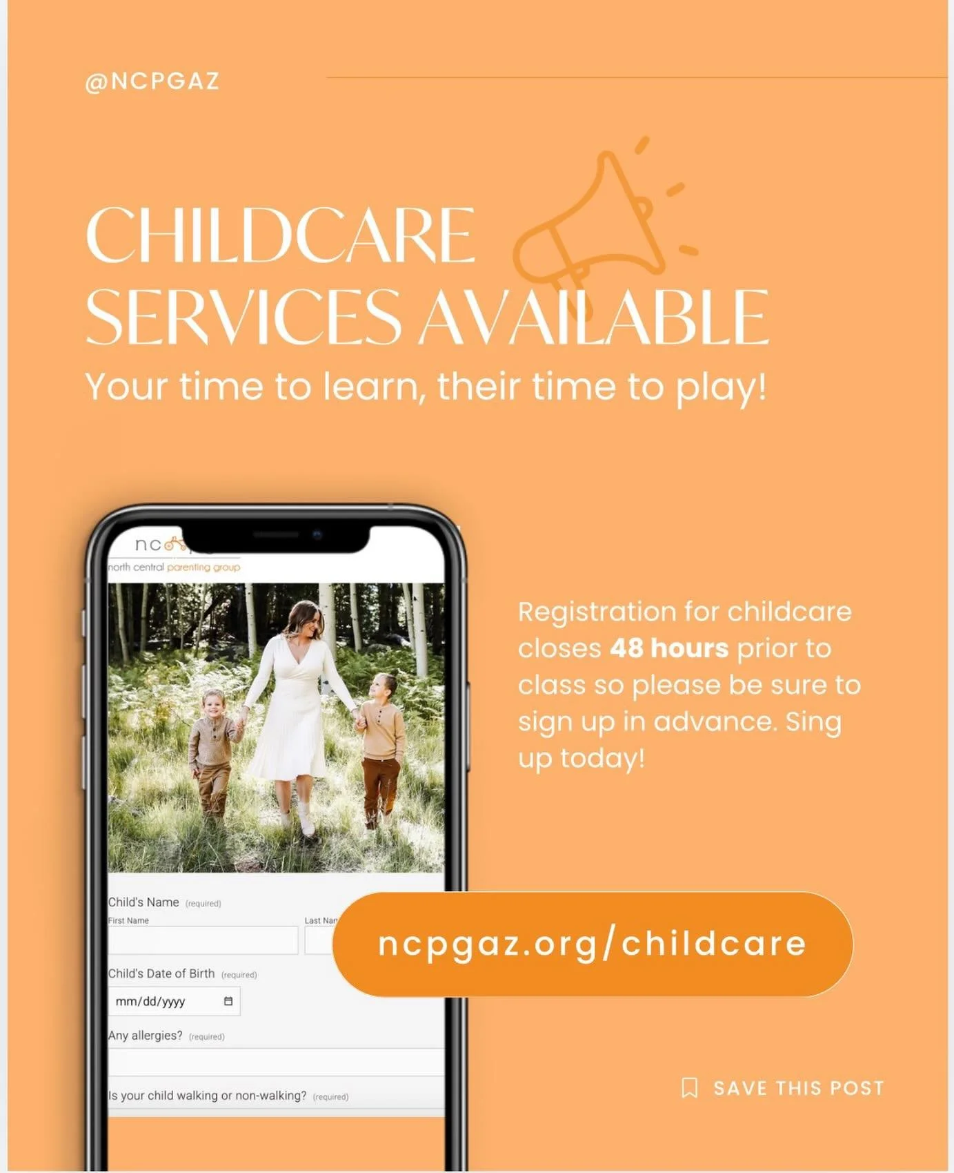 If you&rsquo;d like to schedule childcare for our upcoming  class 🥳 this Wednesday, March 25, from 8:45 a.m. &ndash; 11:45 a.m.

Learn more and please fill out the form here: ncpgaz.org/childcare.

Our childcare co-chairs will confirm your spot prom