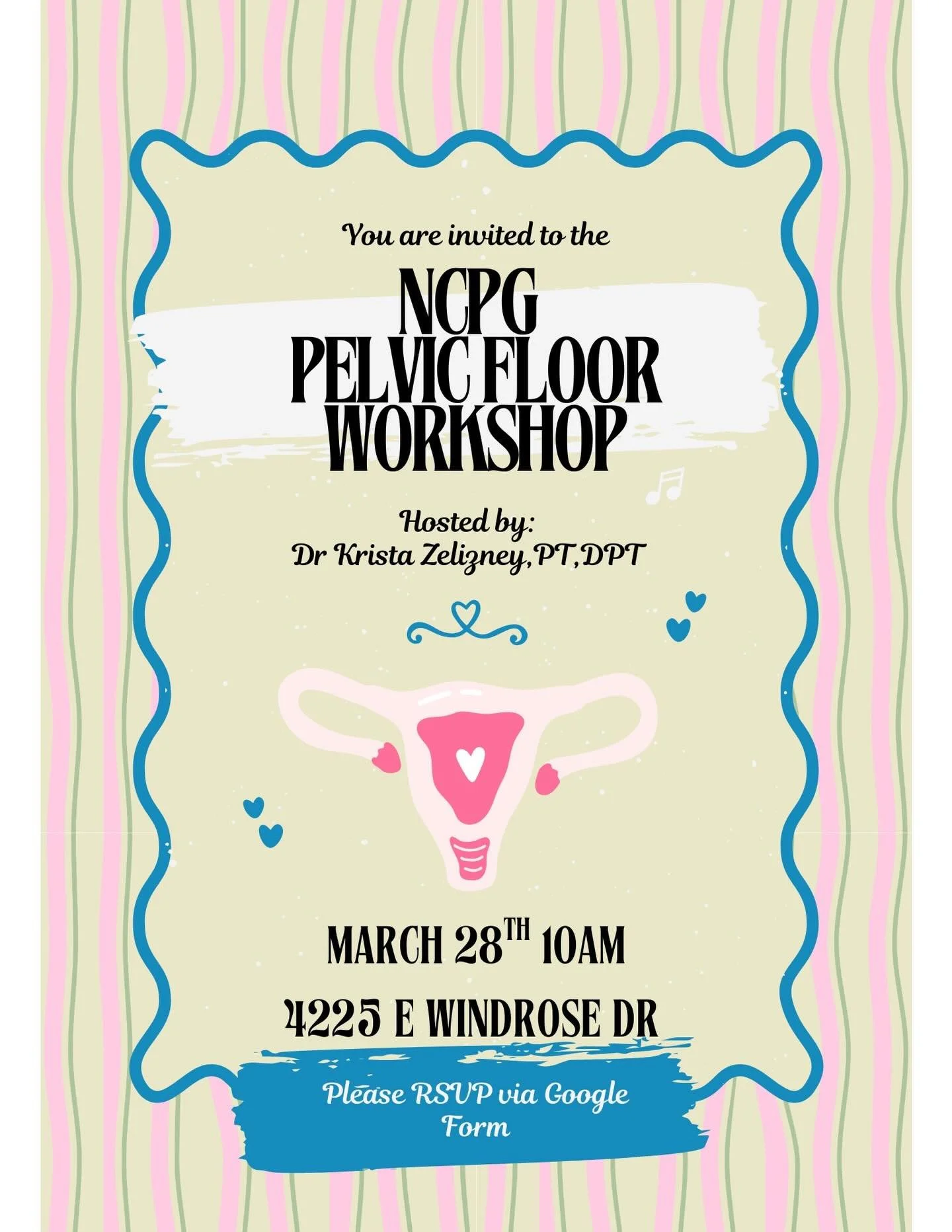 Join NCPG sponsor, Streamline Physical Therapy, THIS Saturday, March 28th from 10-11am for a FREE pelvic floor workshop for NCPG members only. Discussion will be about all things women&rsquo;s health including what is the pelvic floor and all of its 