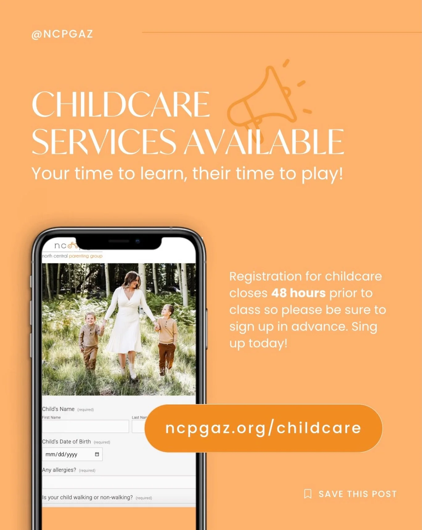 If you&rsquo;d like to schedule childcare for our upcoming  class 🥳 this Wednesday, April 15th from 8:45 a.m. &ndash; 11:45 a.m.

Learn more and please fill out the form here: ncpgaz.org/childcare.

Our childcare co-chairs will confirm your spot pro