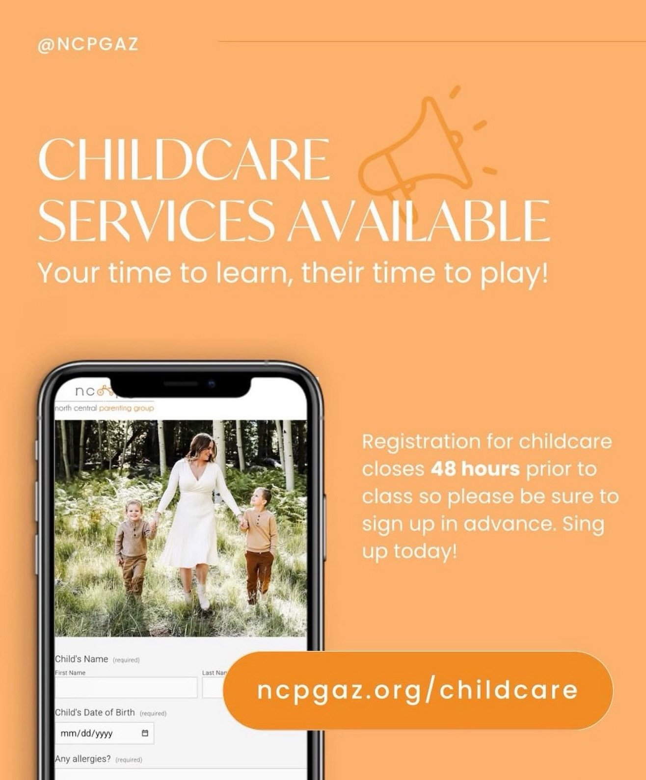If you&rsquo;d like to schedule childcare for our upcoming  class 🥳 this Wednesday, May 6 from 8:45 a.m. &ndash; 11:45 a.m.

Learn more and please fill out the form here: ncpgaz.org/childcare.

Our childcare co-chairs will confirm your spot promptly