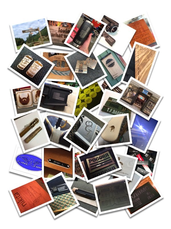 A collage of various items including signs, tools, labels, a gun, a bee, a light, and other miscellaneous objects.