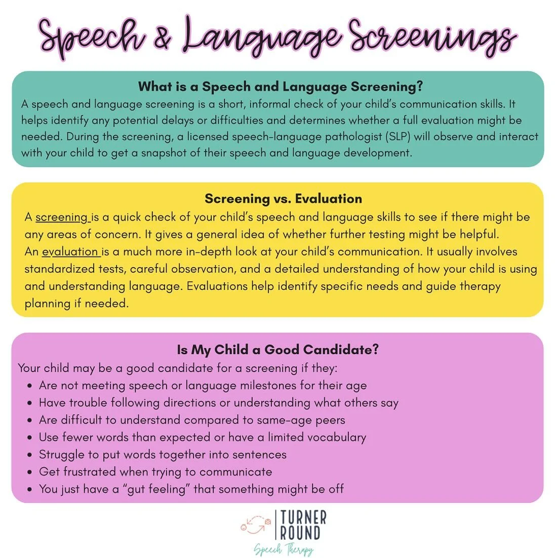 Unsure if your child&rsquo;s speech and language skills are developing as they should, but not ready to commit to a full evaluation?

Turner Round Speech Therapy is now offering speech and language screenings for just $15!

These brief, 15&ndash;20 m