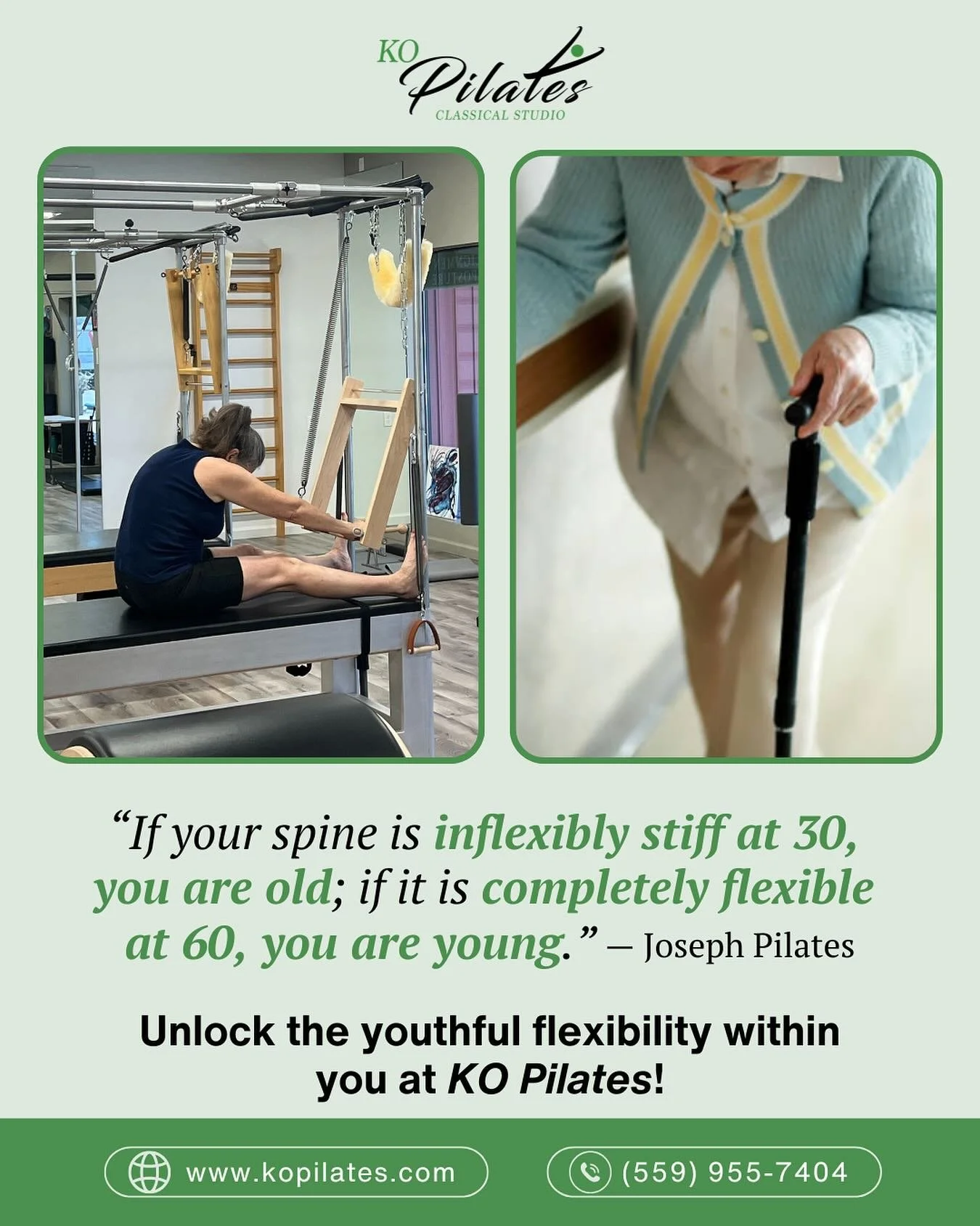 A flexible spine is a sign of youth and vitality&mdash;but it&rsquo;s just one part of the full-body strength, control, and awareness we focus on in classical Pilates.

Our studio offers personalized sessions that support better movement, posture, an