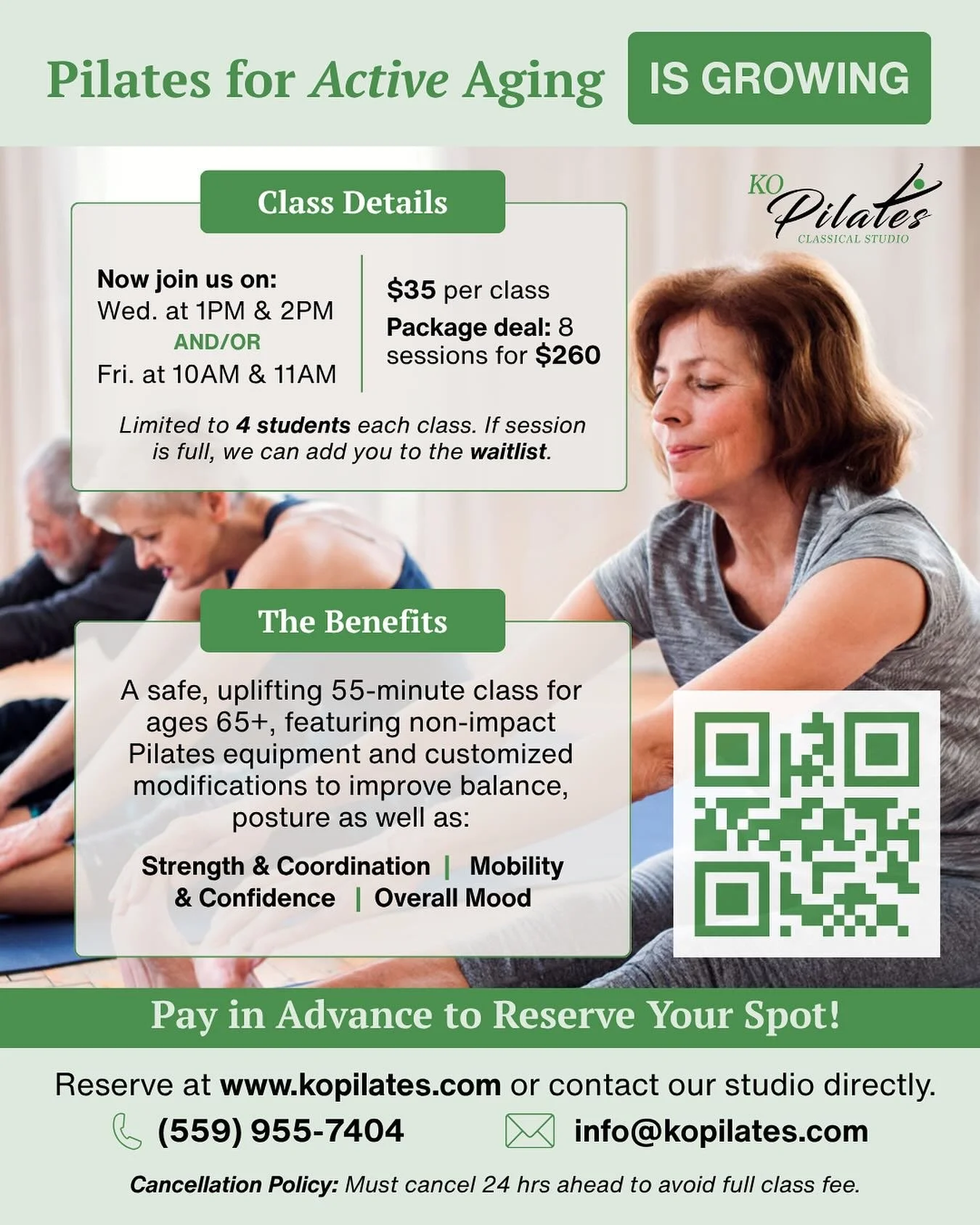 Due to popular demand, we’re expanding our Pilates for Active Aging schedule.
New times beginning this week:
Wednesday 1 PM & 2 PM
Friday 10 AM & 11 AM
This specialized class supports adults 65 and older with tailored, low-impact Pila