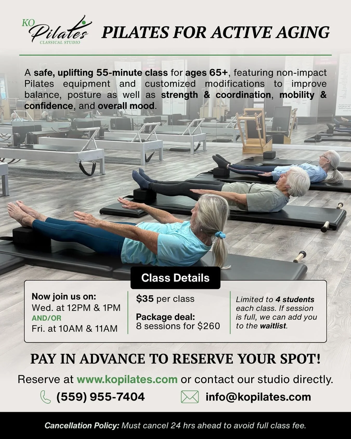 Classical Pilates for 65+
Build strength, improve balance, and move with confidence at any age.

Join us for small, supportive classes designed to meet you where you are.

Spots are limited&mdash;please book ahead to reserve your place.

#classicalpi