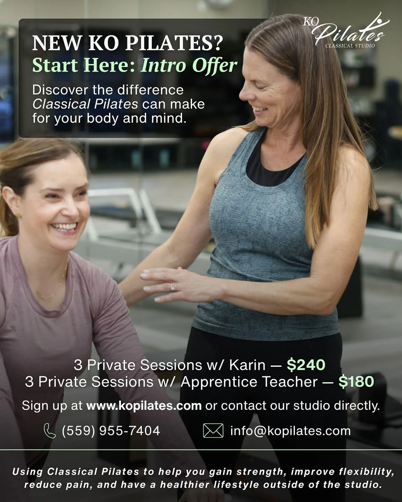 New to KO Pilates? This is the perfect place to begin.

Our Intro Offer is designed to help you experience Classical Pilates with personalized attention, thoughtful guidance, and a method that supports your body long beyond the studio. Whether you&rs