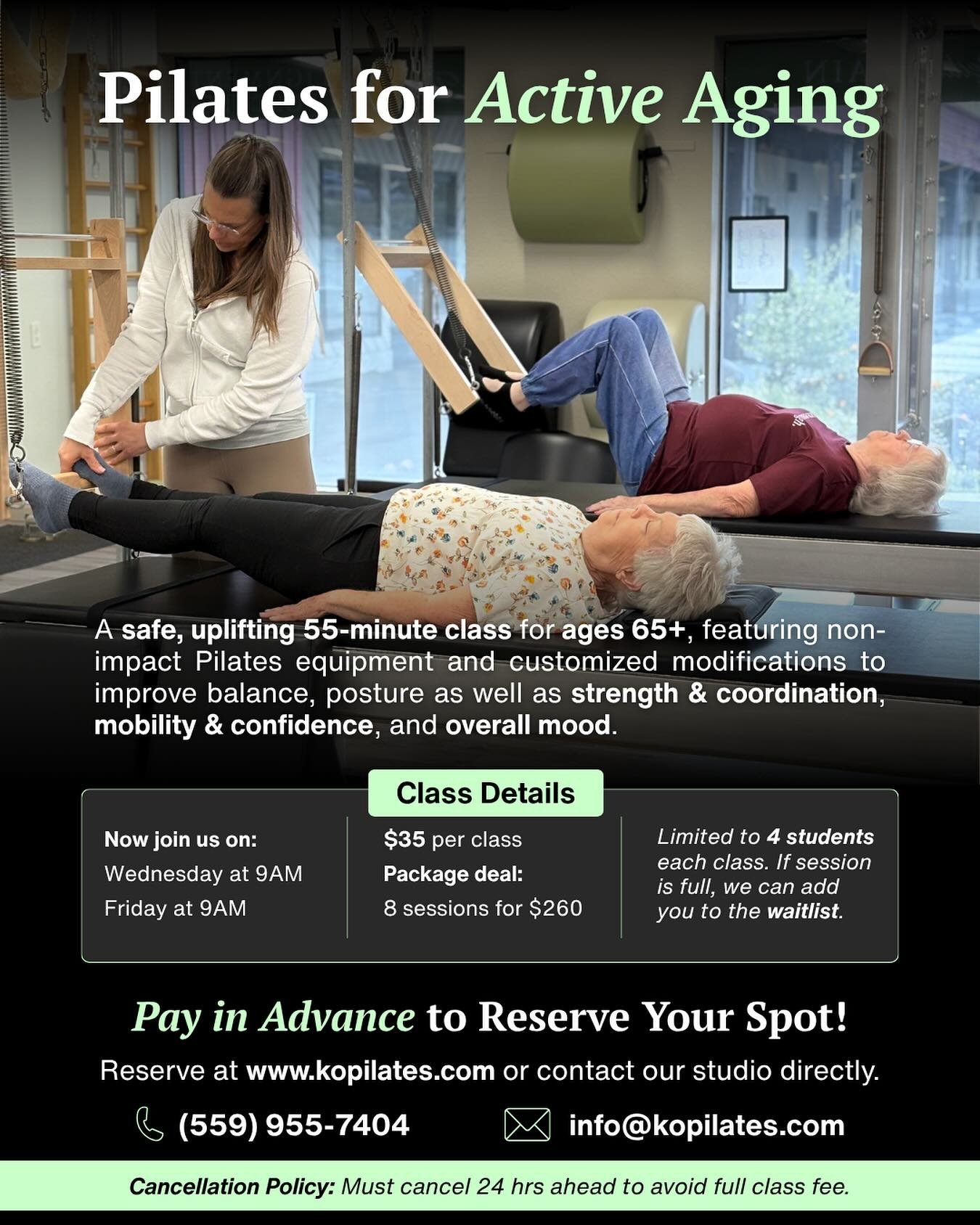 New Class Time Starting 4/22!
Stay strong, steady, and confident at every stage of life. 

Our Pilates for Active Aging classes are designed to support balance, mobility, and overall well-being in a safe, small-group setting. 

Reserve your spot toda