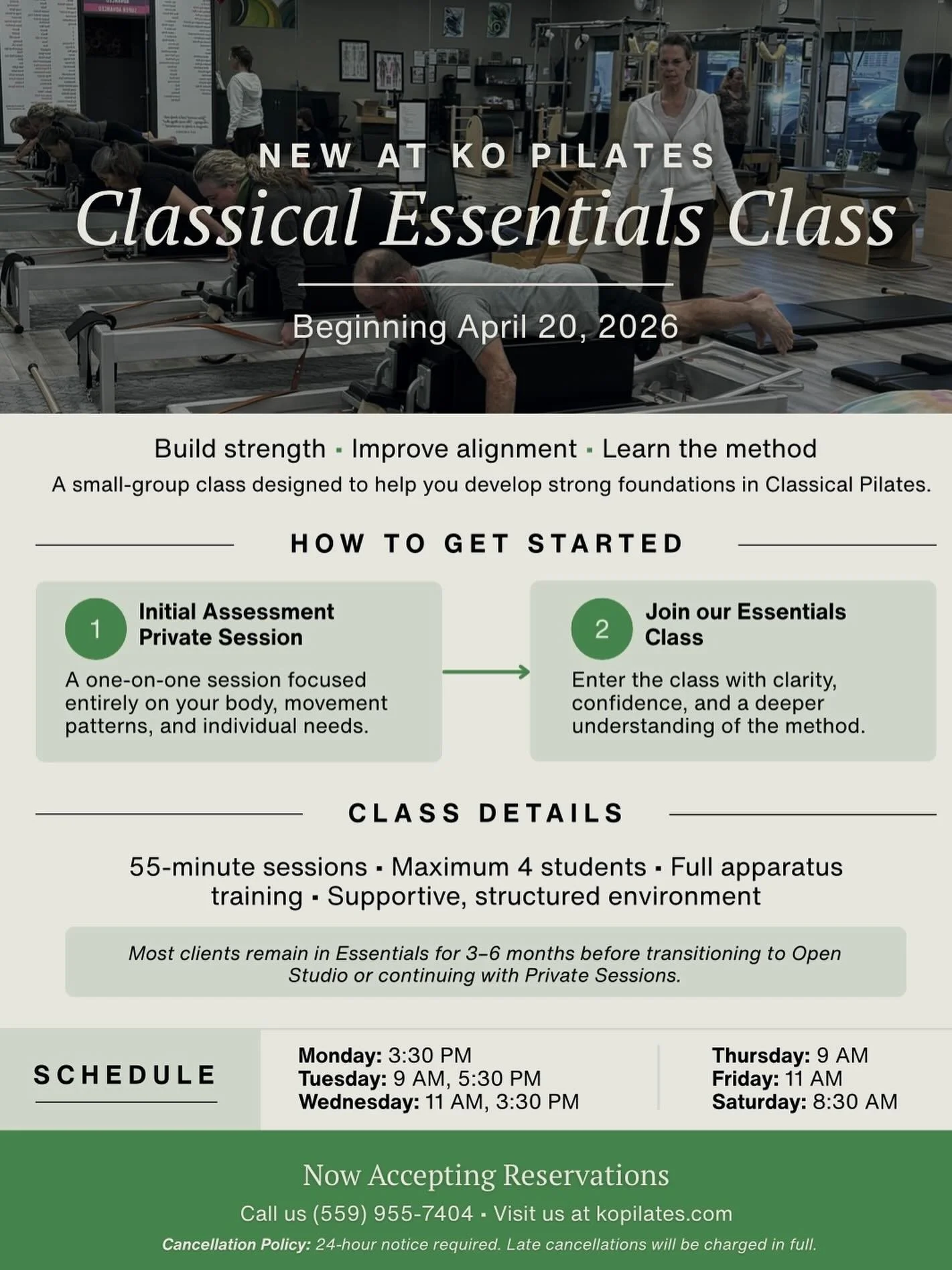 Classical Essentials is here.

For our opening week only, you can skip the Initial Assessment and jump straight into class.

Small group. Structured training. Real results.

Spots are limited&mdash;reserve yours now at kopilates.com or call (559) 955