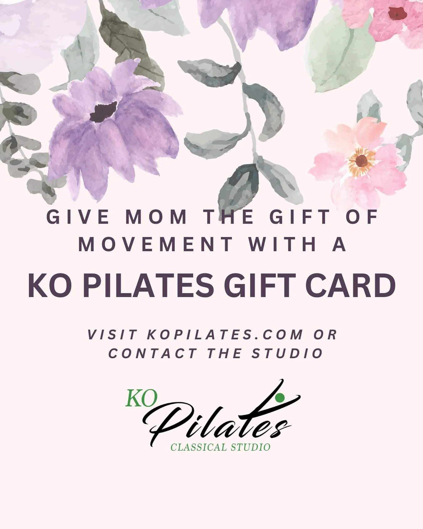For everything she does, give her something that gives back.

Movement that restores, strengthens, and supports her&mdash;inside and out. 
A KO Pilates gift card is more than a gift, it&rsquo;s time for her.

Purchase online or contact the studio to 