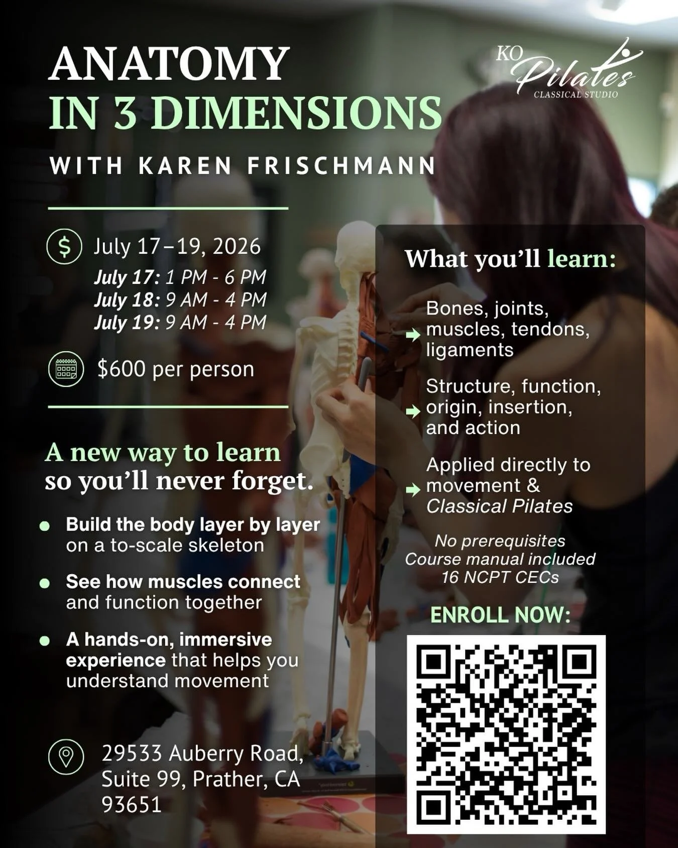 We are excited to welcome @karenfrischmann to KO Pilates for an immersive 3-D Anatomy Workshop on July 17&ndash;19!

Take your understanding of the body to an entirely new level as you build anatomy layer by layer using clay on a skeleton. Discover w