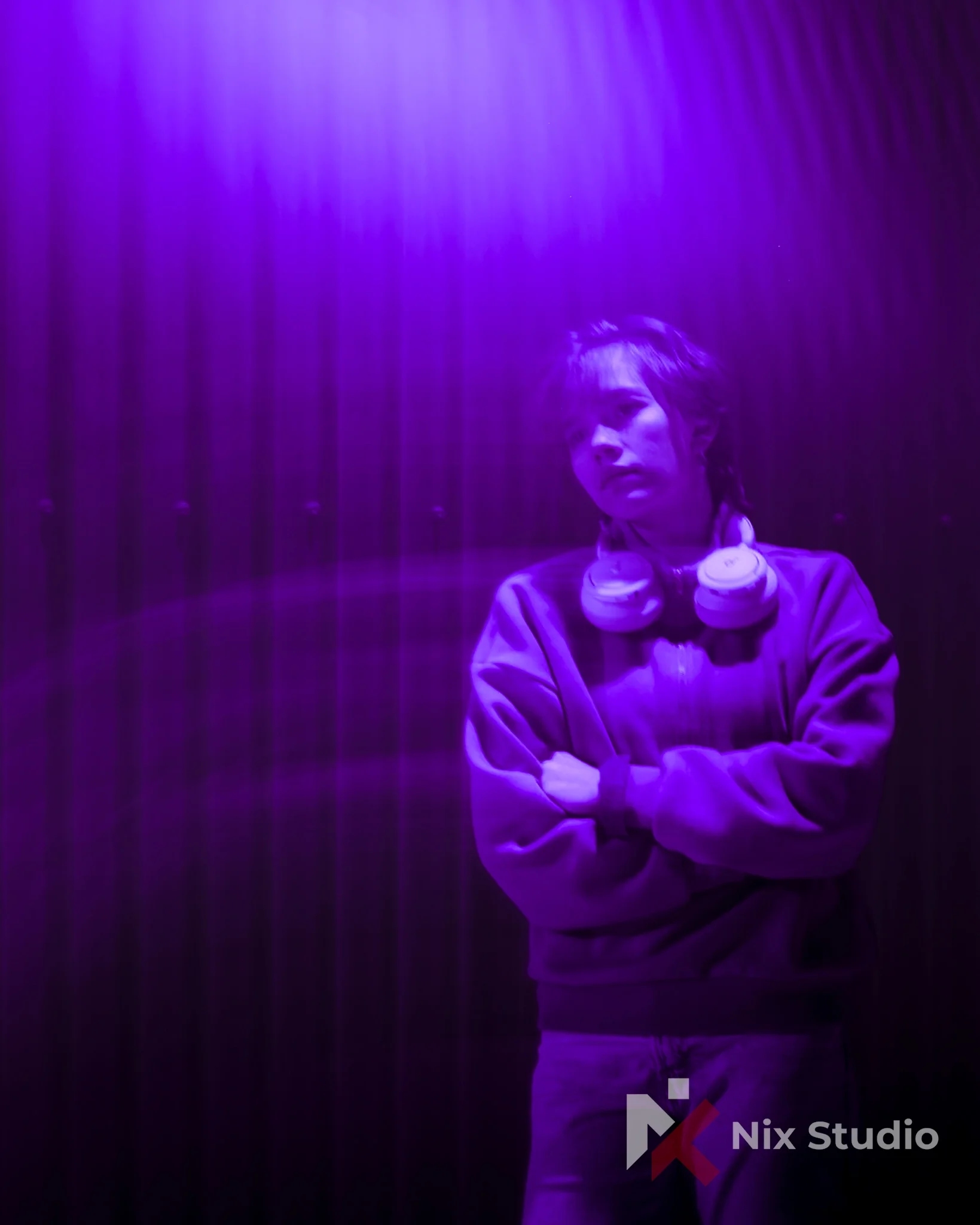 Portrait of man by neon lights in Morden, Mb