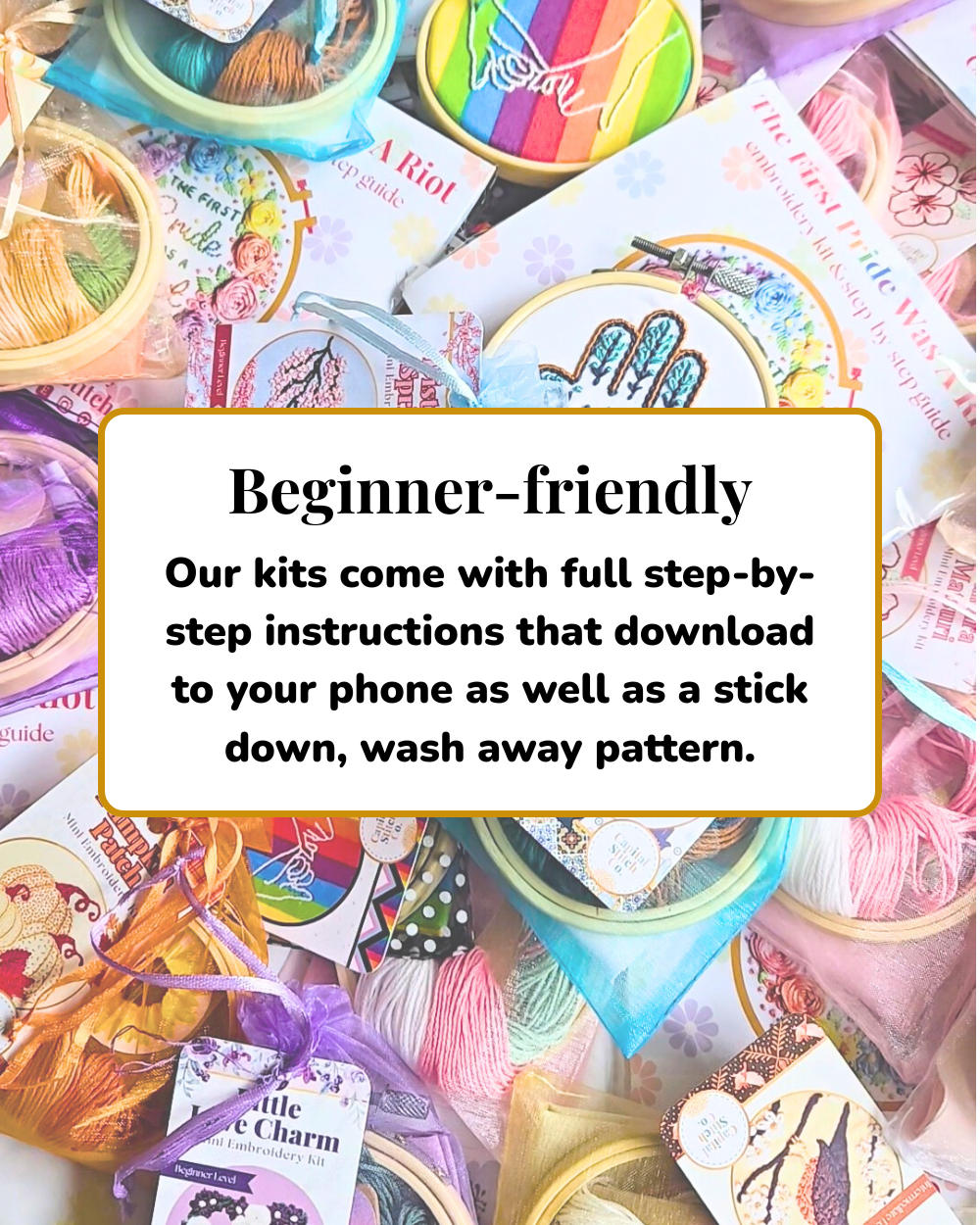 Beginner-friendly: Our kits come with full step-by-step instructions that download to your phone as well as a stick down, wash away pattern.