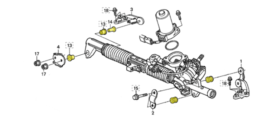Technical diagram of a steering gear assembly with numbered parts and bolts.