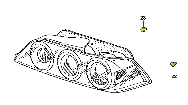 Diagram of a car headlight with numbered parts 22 and 23 pointing to specific components.