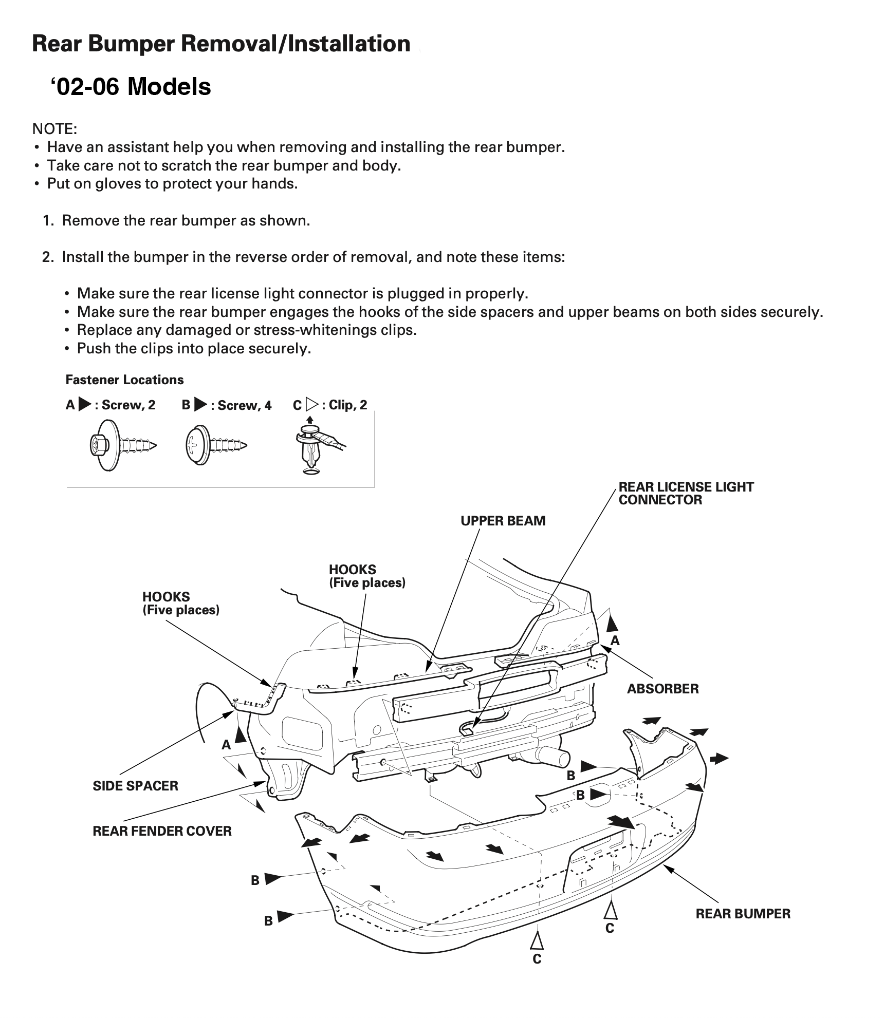 Diagram of the rear bumper removal and installation process for 2002 to 2006 car models. The diagram shows various parts labeled including hooks, side spacer, rear fender cover, rear license light connector, upper beam, absorber, and rear bumper. It illustrates the disassembly and reassembly steps with arrows and numbered instructions.