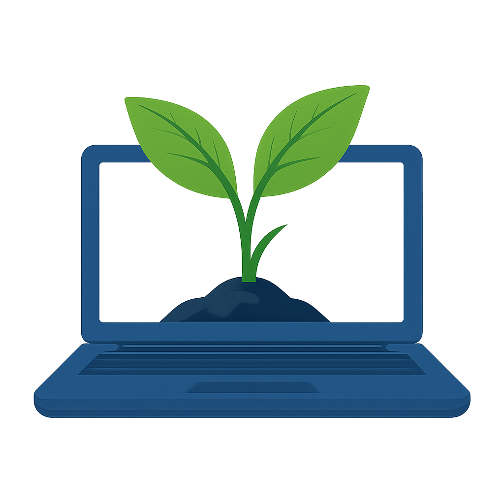 A digital illustration of a laptop with a growing green plant on the screen, symbolizing technology and environmental sustainability.