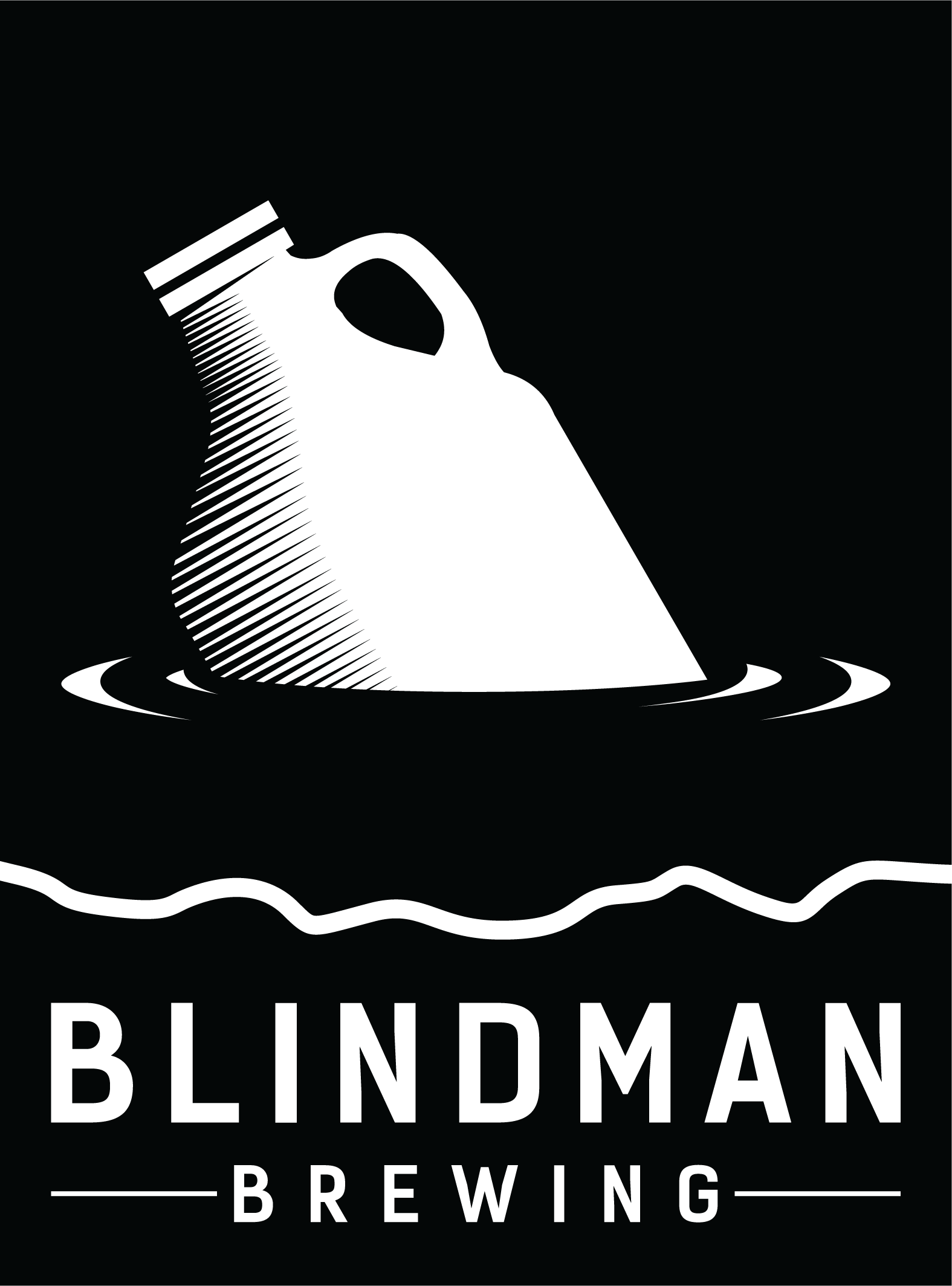 Silhouette of a jug floating in water with ripples, with the text 'Blindman Brewing' below.