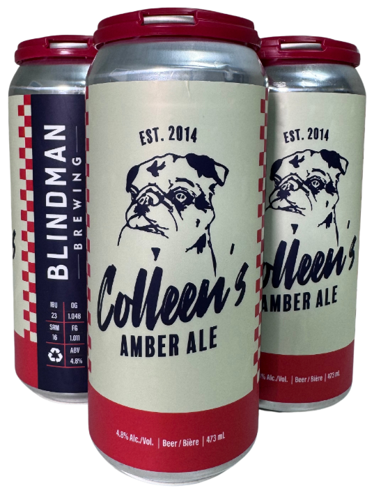 Three cans of Colleen's Amber Ale beer by Blindman Brewing, featuring a label with a hand-drawn dog's face, the brewery's name, and established year 2014.