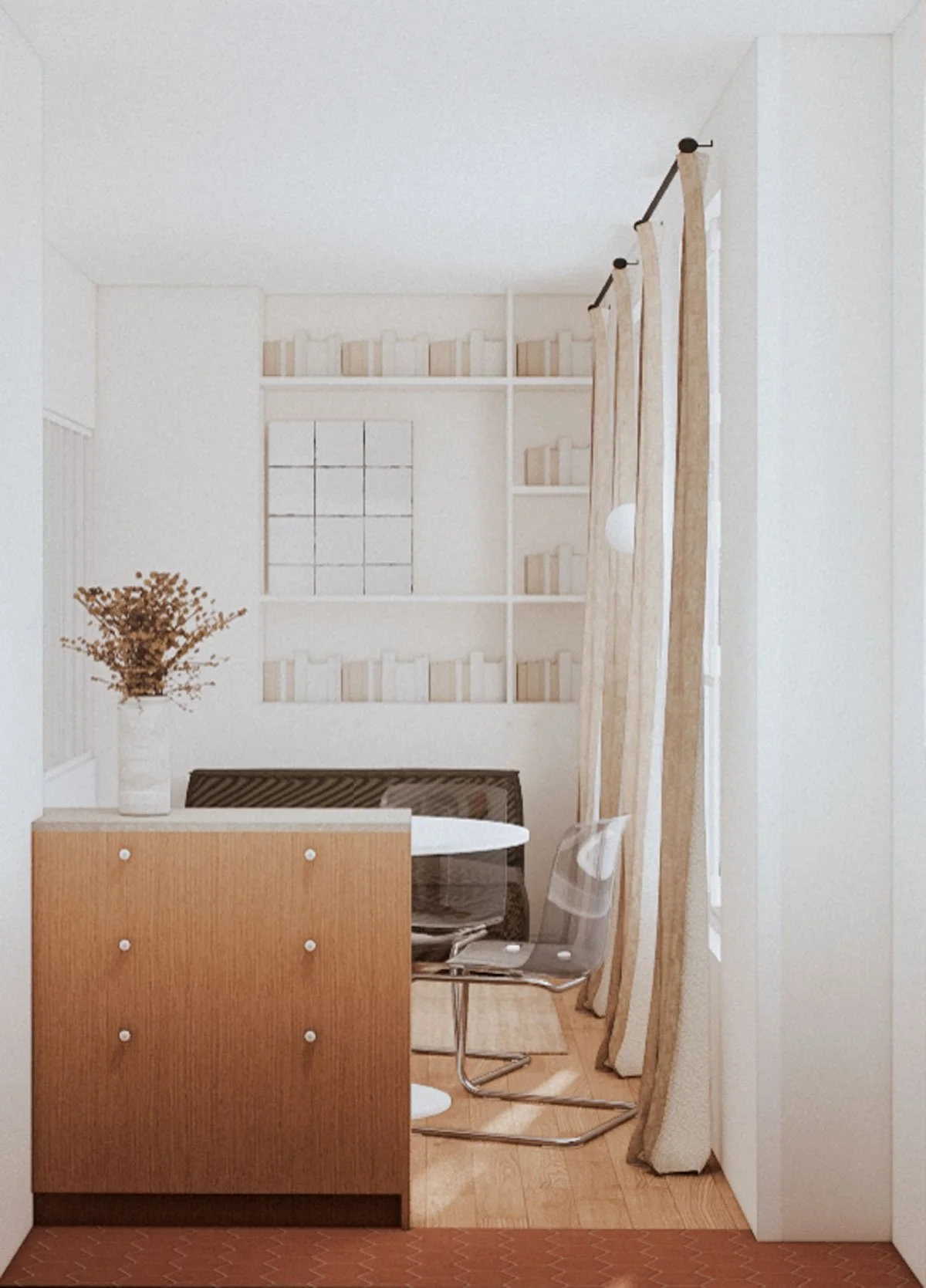Vue 3D d'un projet d'aménagement d'appartement réalisée par une architecte d'intérieur.