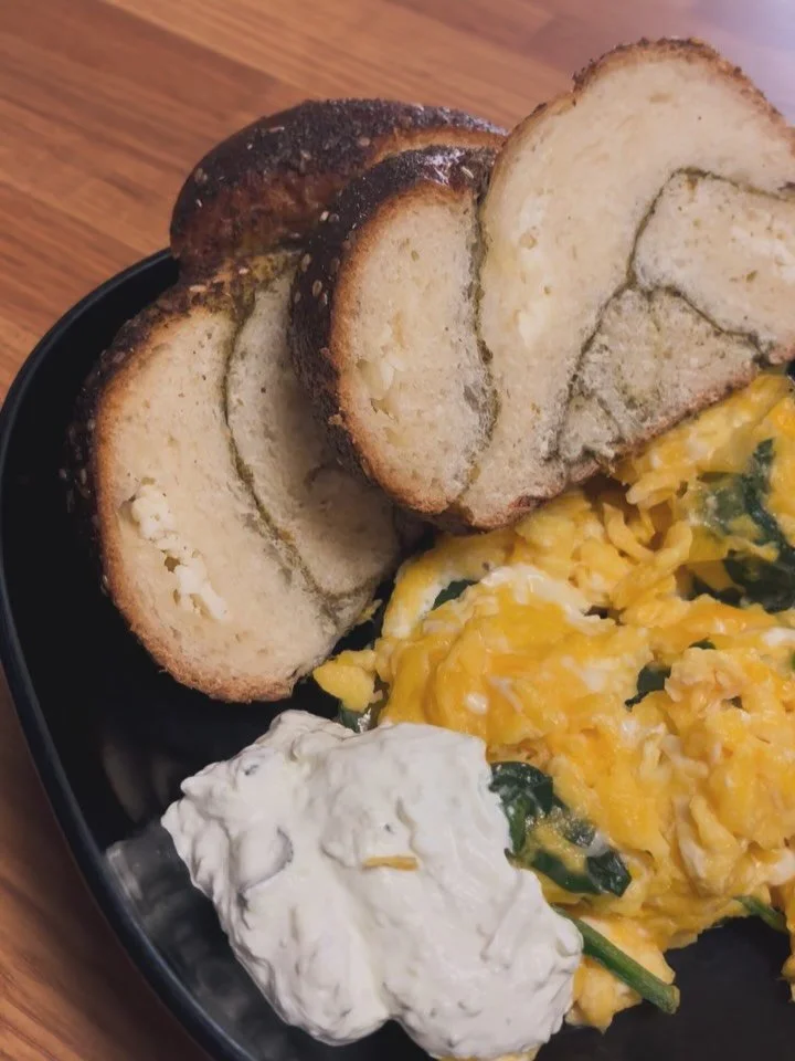Leftover Zaatar Feta loaf from your farmers&rsquo; market haul? Nothing better than starting off your dreary Monday with a challah backed breakfast! Featuring our loaf and @yummyyummyproducts tzatziki. YUMMM here&rsquo;s to a great week ✨