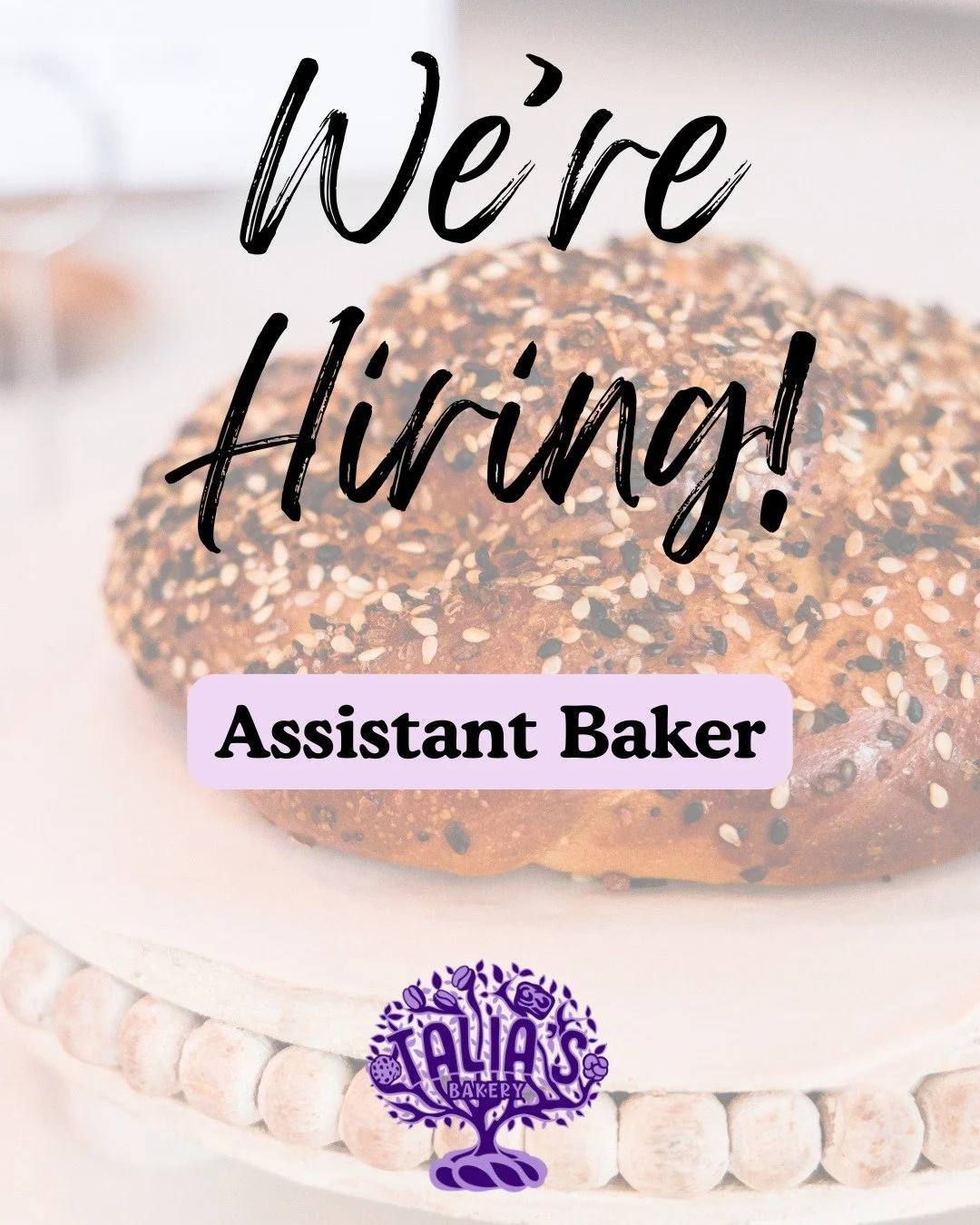 We&rsquo;re hiring an Assistant Baker! 💜

We&rsquo;re looking for someone to join our small bakery team  for ~30 hours a week. Professional food experience required, bakery or pastry experience preferred

Know someone who might be a great fit? Send 