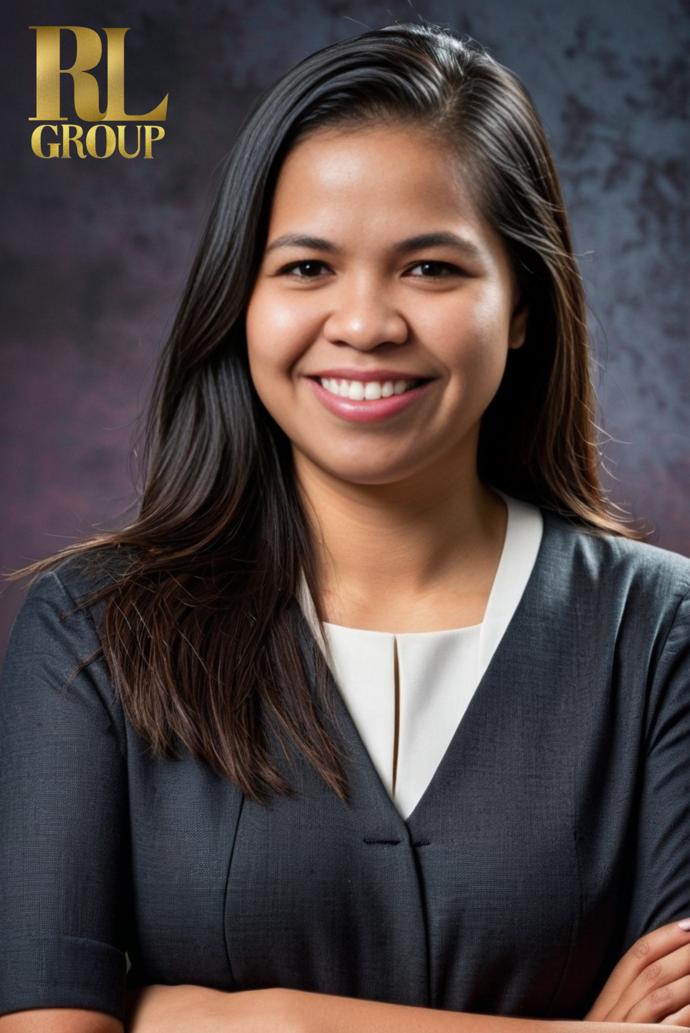Professional woman with dark hair smiling, wearing a dark blazer with a white top, crossed arms, against a textured dark background.