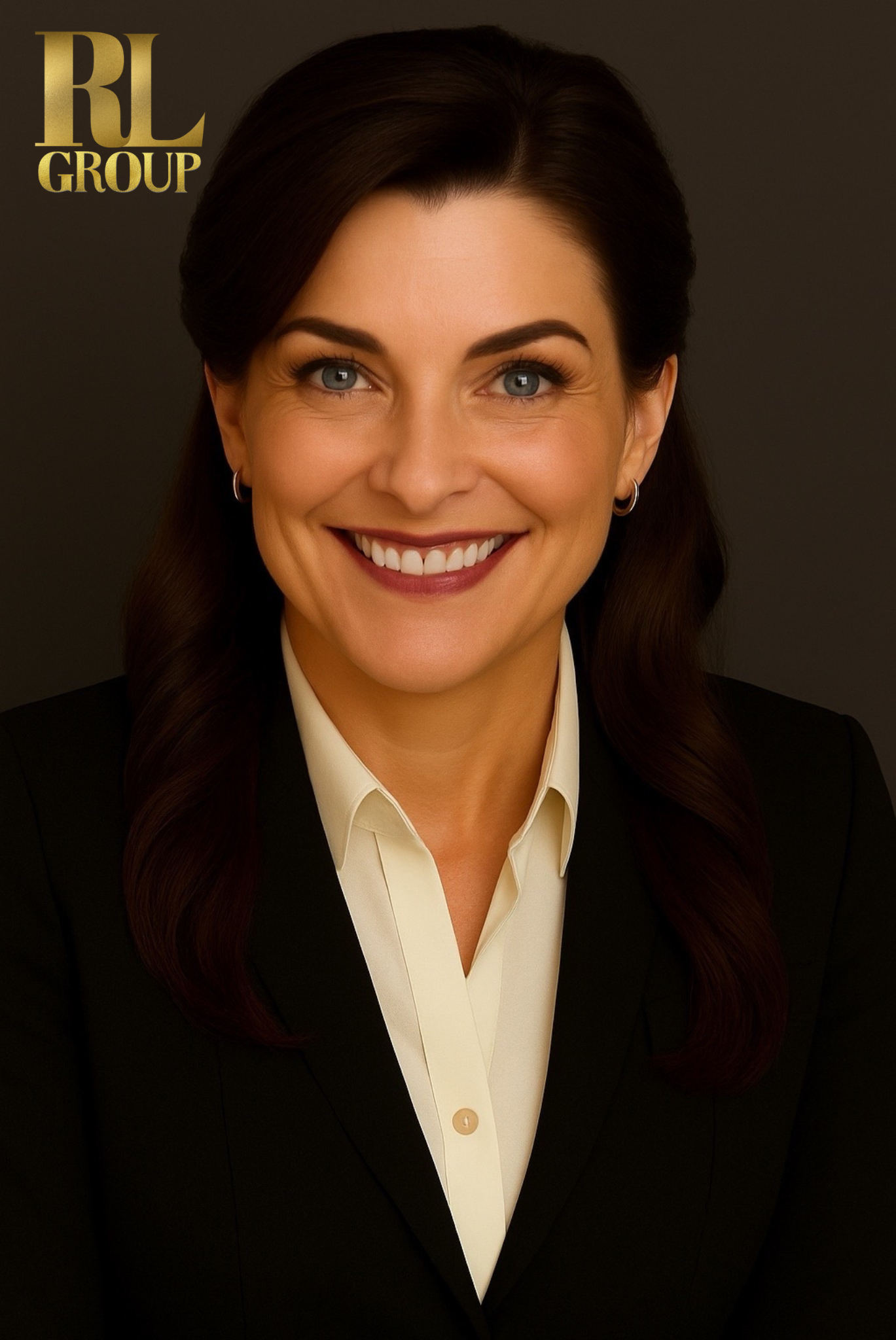 Professional woman with dark brown hair, wearing a black blazer and cream-colored shirt, smiling against a dark background. RL GROUP logo in gold in the top left corner.