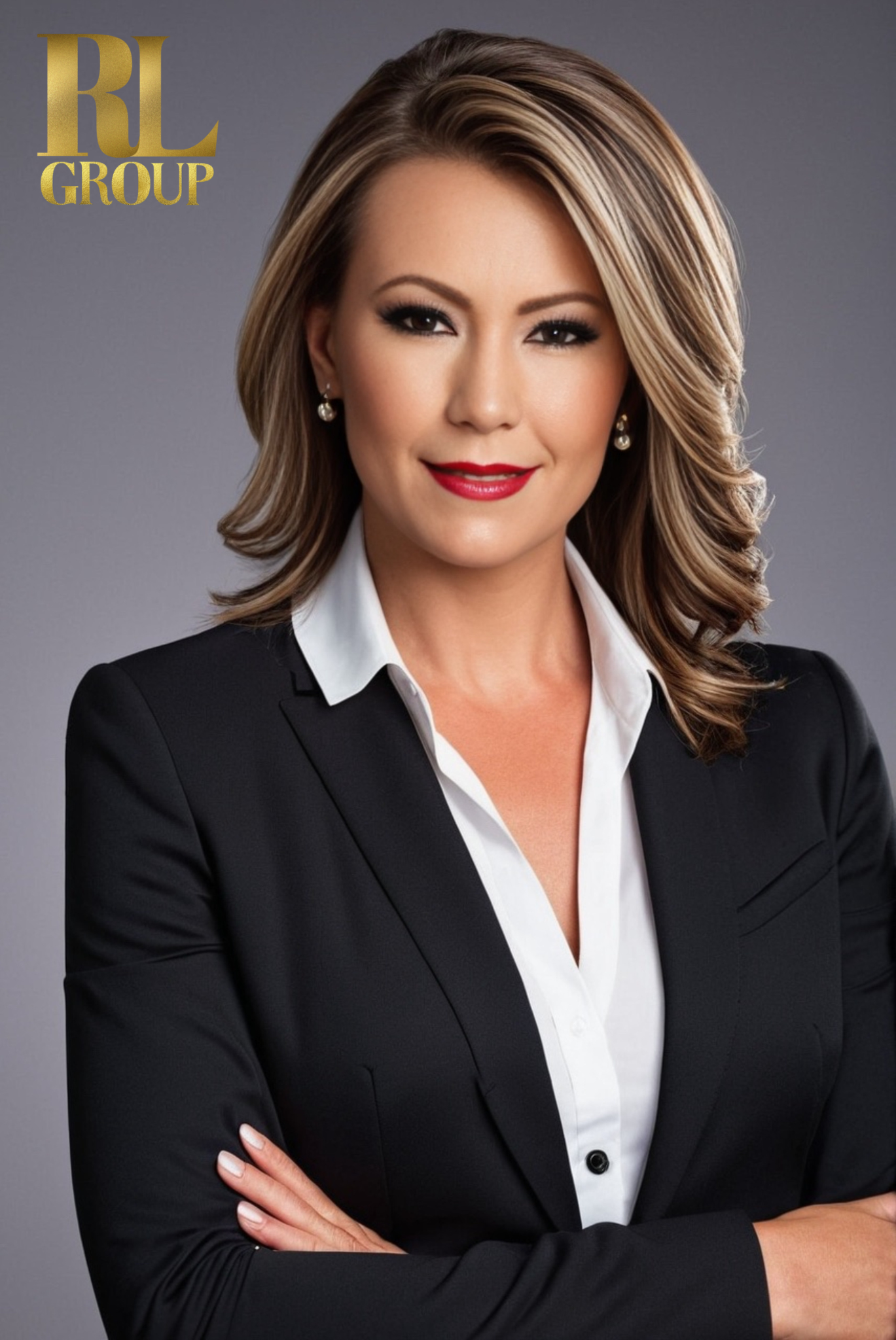 A confident professional woman with shoulder-length, styled blonde hair, wearing a black blazer and white shirt, posing against a grey background with RL Group logo in the top left corner.